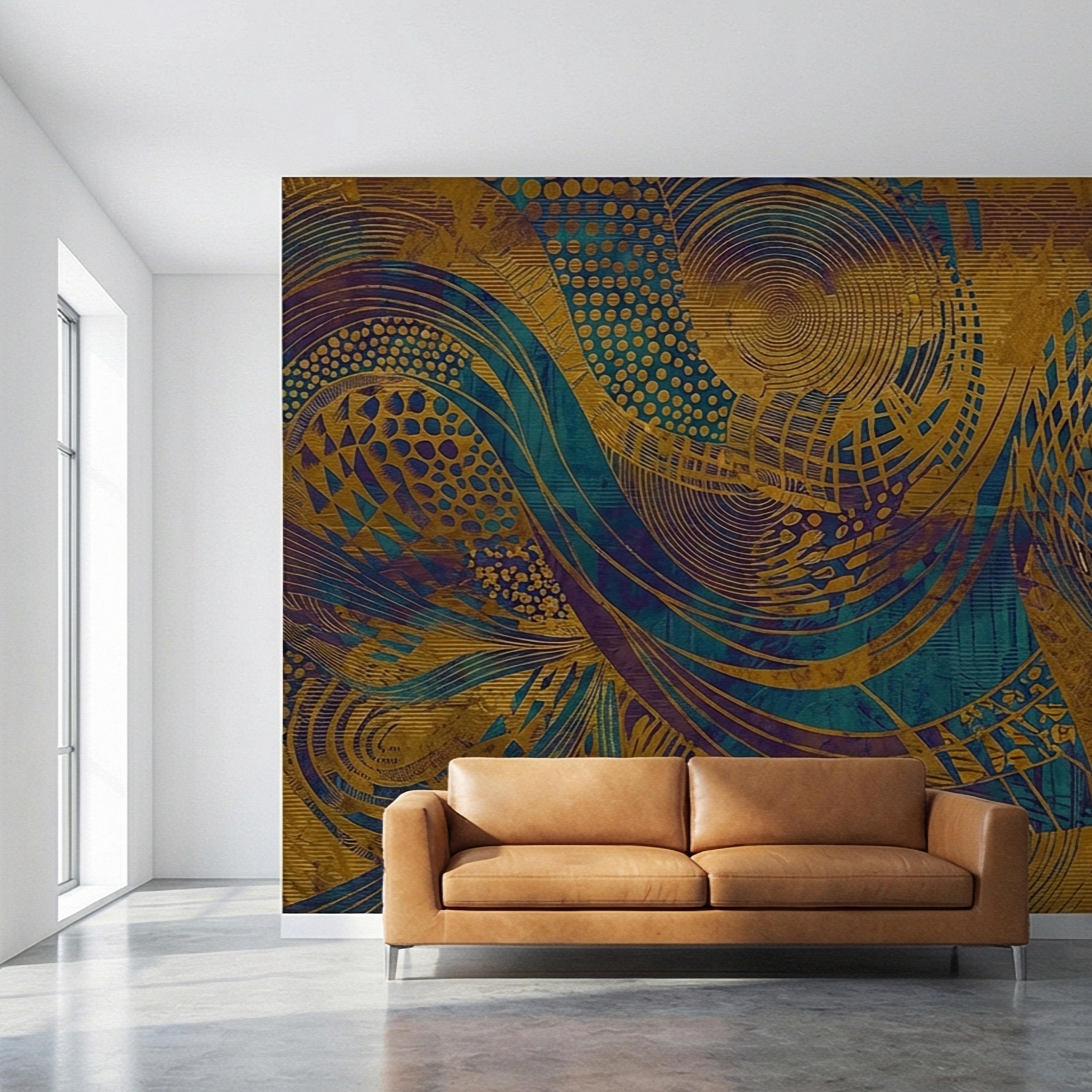 Abstract Composition Peel and Stick Wall Mural, Bold Swirl Pattern, Modern Blue Ochre Statement Wallpaper