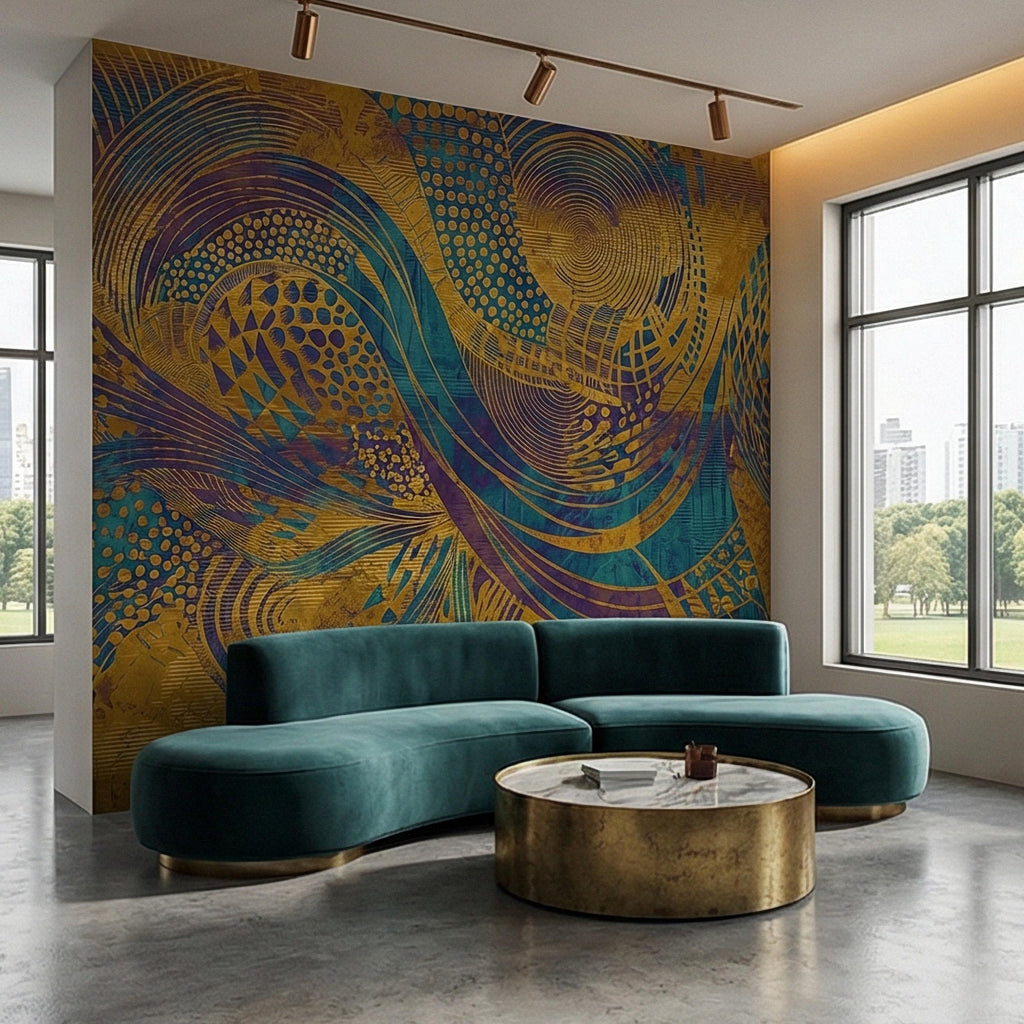 Abstract Composition Peel and Stick Wall Mural, Bold Swirl Pattern, Modern Blue Ochre Statement Wallpaper