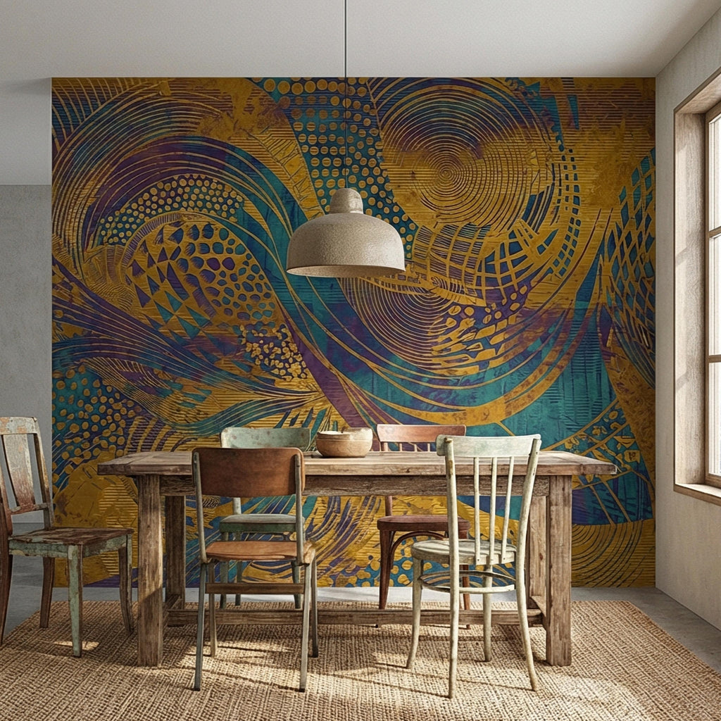 Abstract Composition Peel and Stick Wall Mural, Bold Swirl Pattern, Modern Blue Ochre Statement Wallpaper