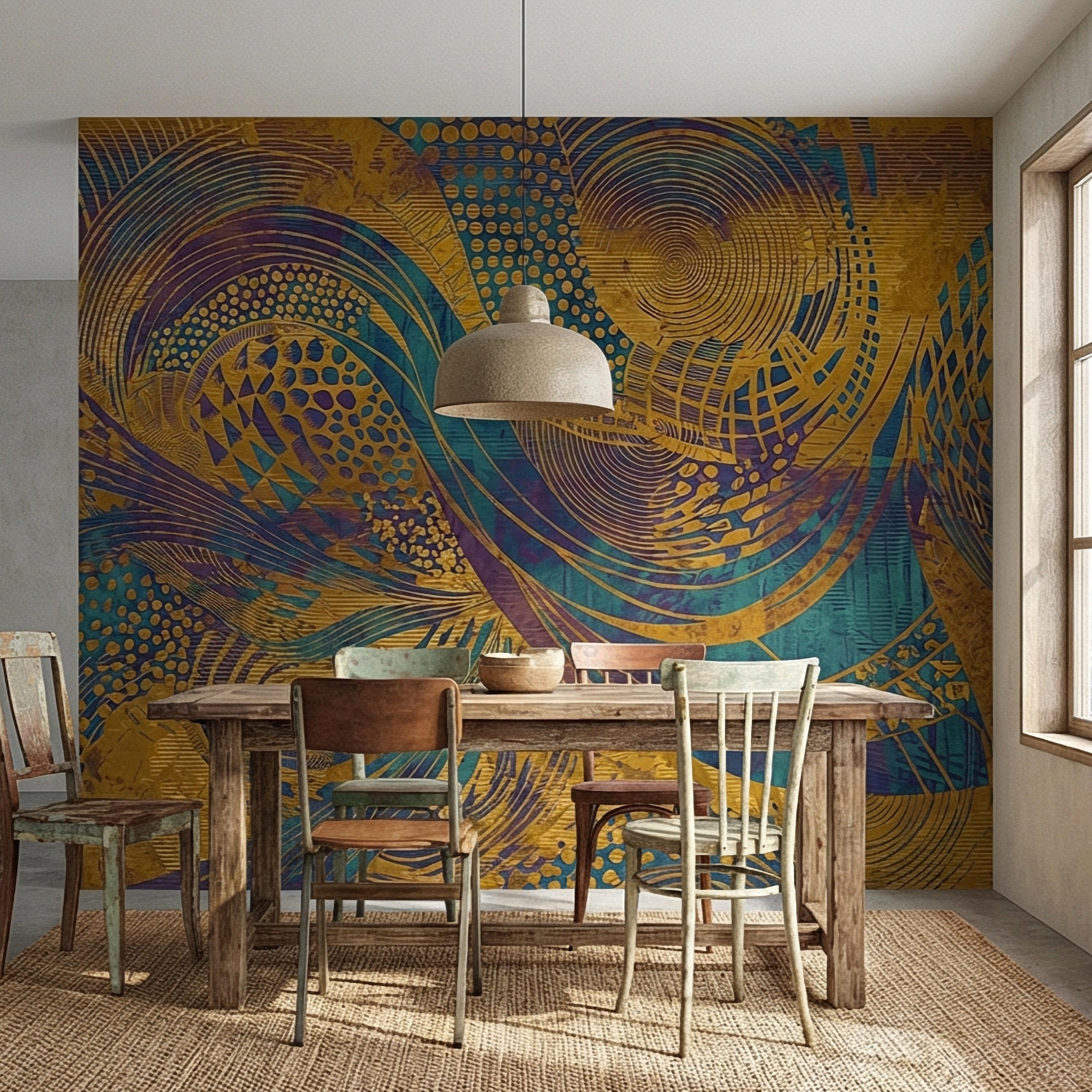 Abstract Composition Peel and Stick Wall Mural, Bold Swirl Pattern, Modern Blue Ochre Statement Wallpaper