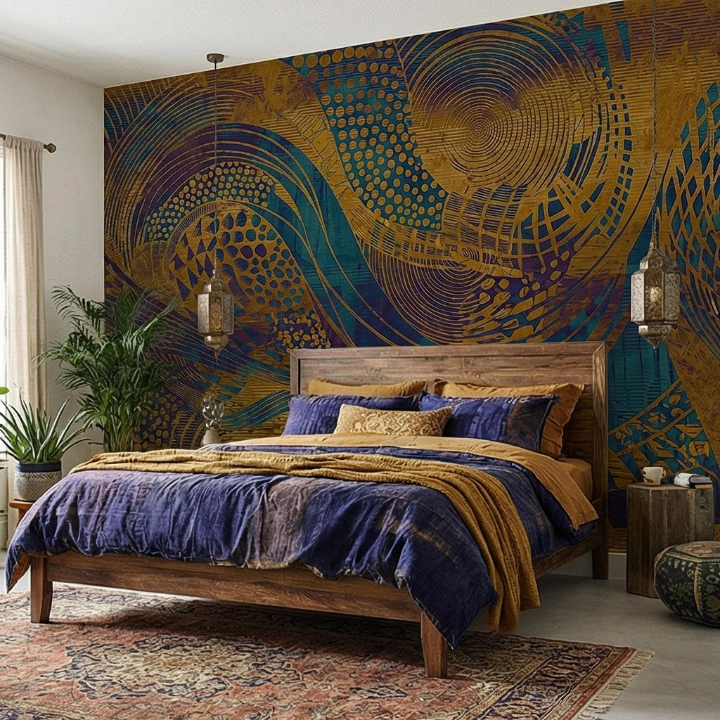 Abstract Composition Peel and Stick Wall Mural, Bold Swirl Pattern, Modern Blue Ochre Statement Wallpaper