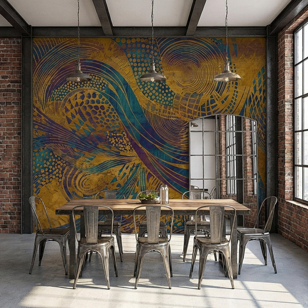 Abstract Composition Peel and Stick Wall Mural, Bold Swirl Pattern, Modern Blue Ochre Statement Wallpaper