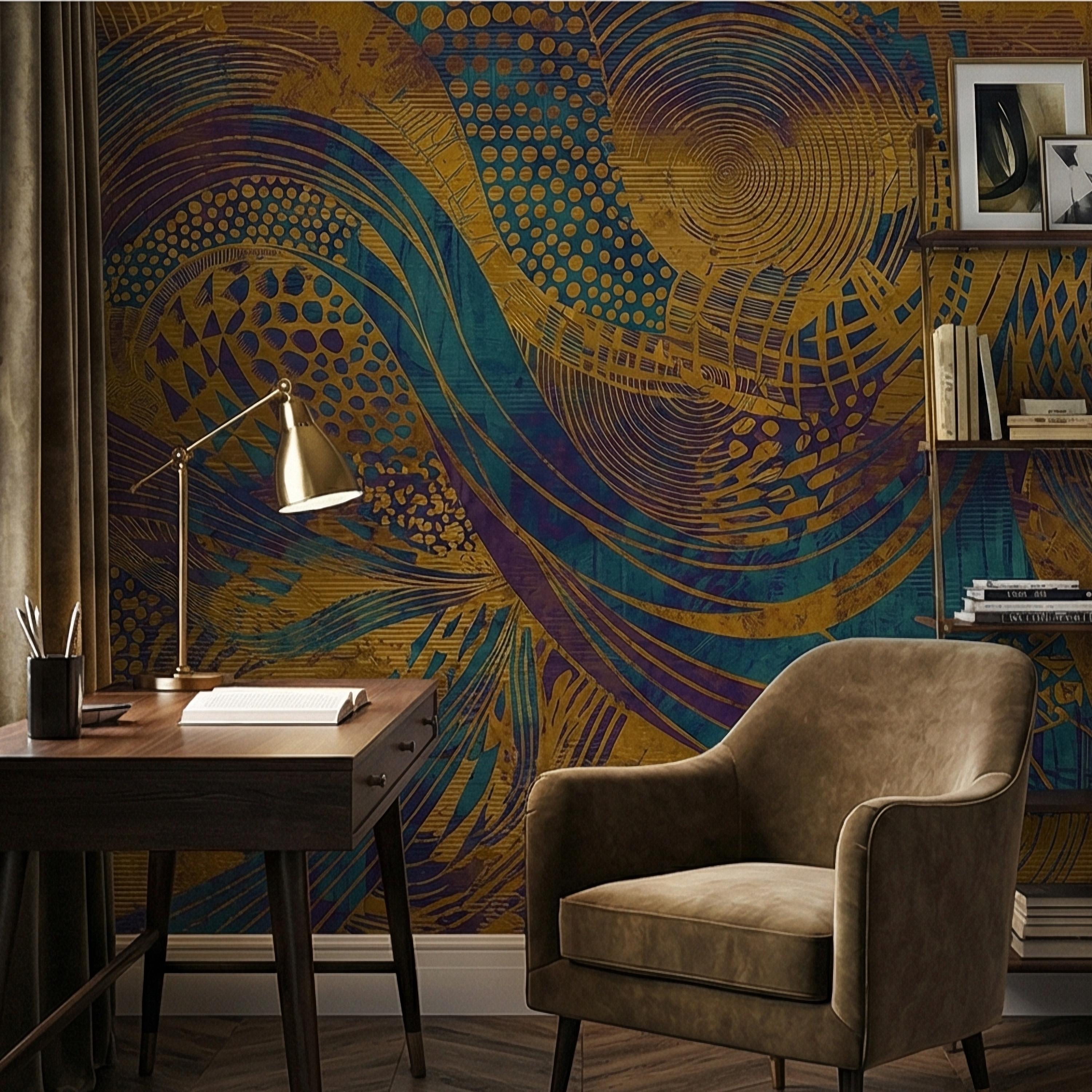 Abstract Composition Peel and Stick Wall Mural, Bold Swirl Pattern, Modern Blue Ochre Statement Wallpaper
