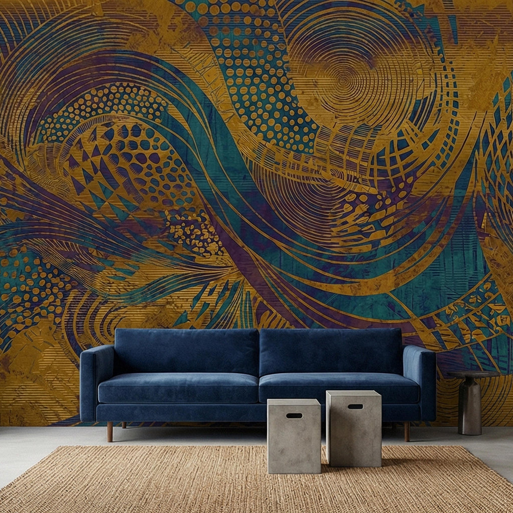 Abstract Composition Peel and Stick Wall Mural, Bold Swirl Pattern, Modern Blue Ochre Statement Wallpaper