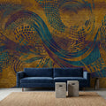 Abstract Composition Peel and Stick Wall Mural, Bold Swirl Pattern, Modern Blue Ochre Statement Wallpaper