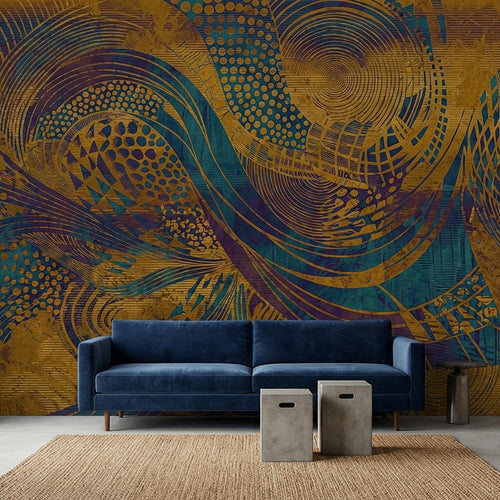 Abstract wall mural with blue and ochre swirl patterns and dotted arcs