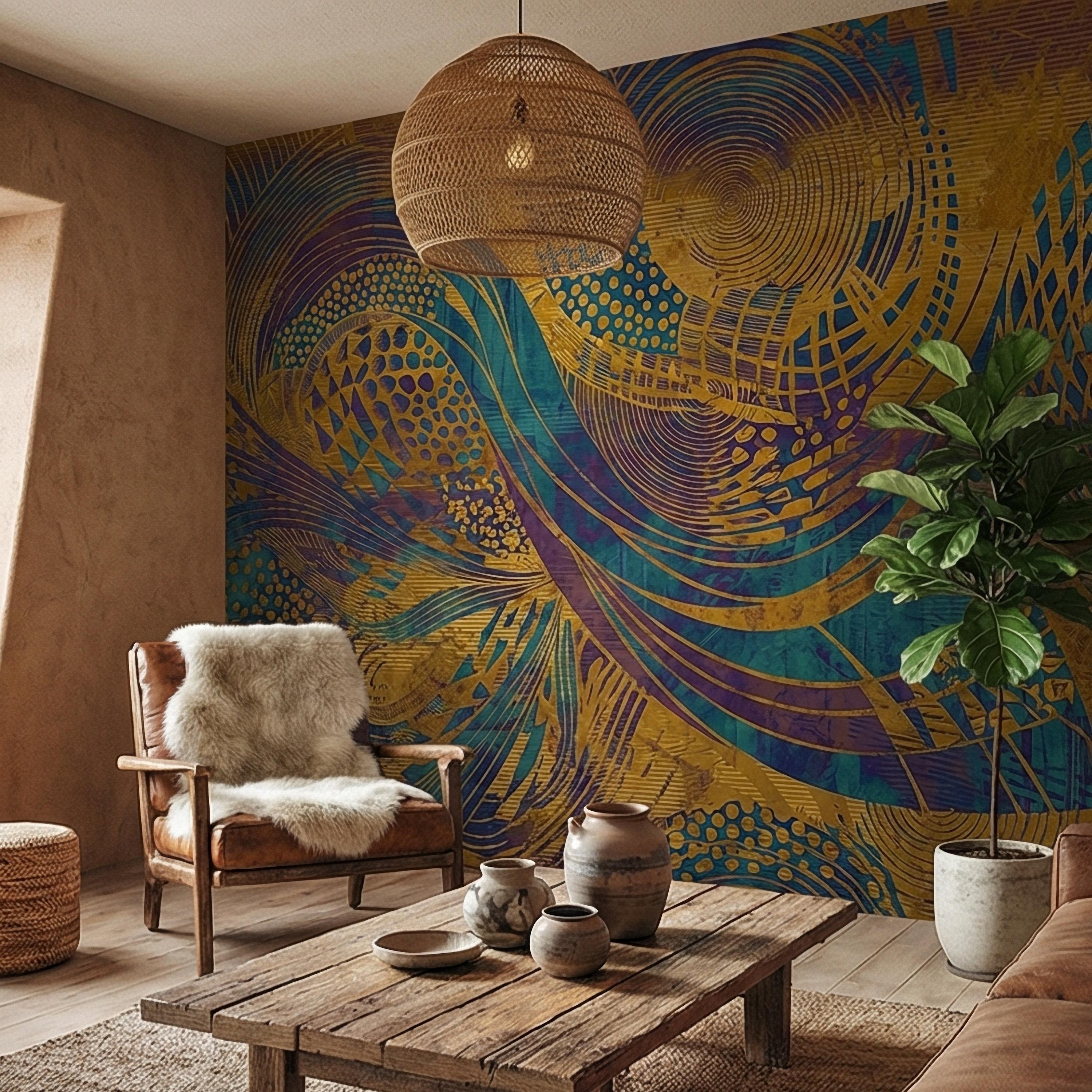 Abstract Composition Peel and Stick Wall Mural, Bold Swirl Pattern, Modern Blue Ochre Statement Wallpaper