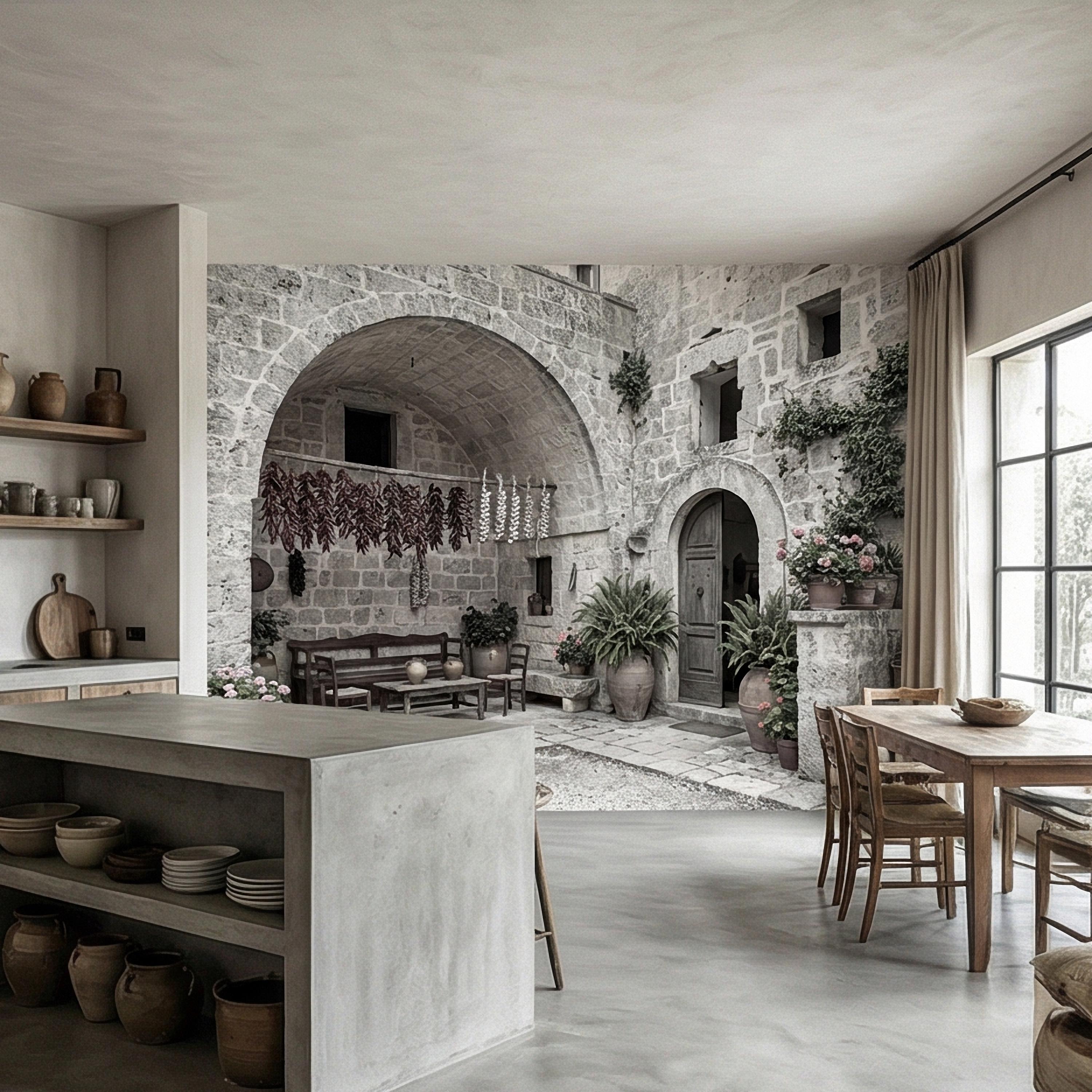 Italian Courtyard Peel and Stick Wall Mural, Rustic Stone Arch Village, Old World Mediterranean Alley, Vintage Italy Wallpaper