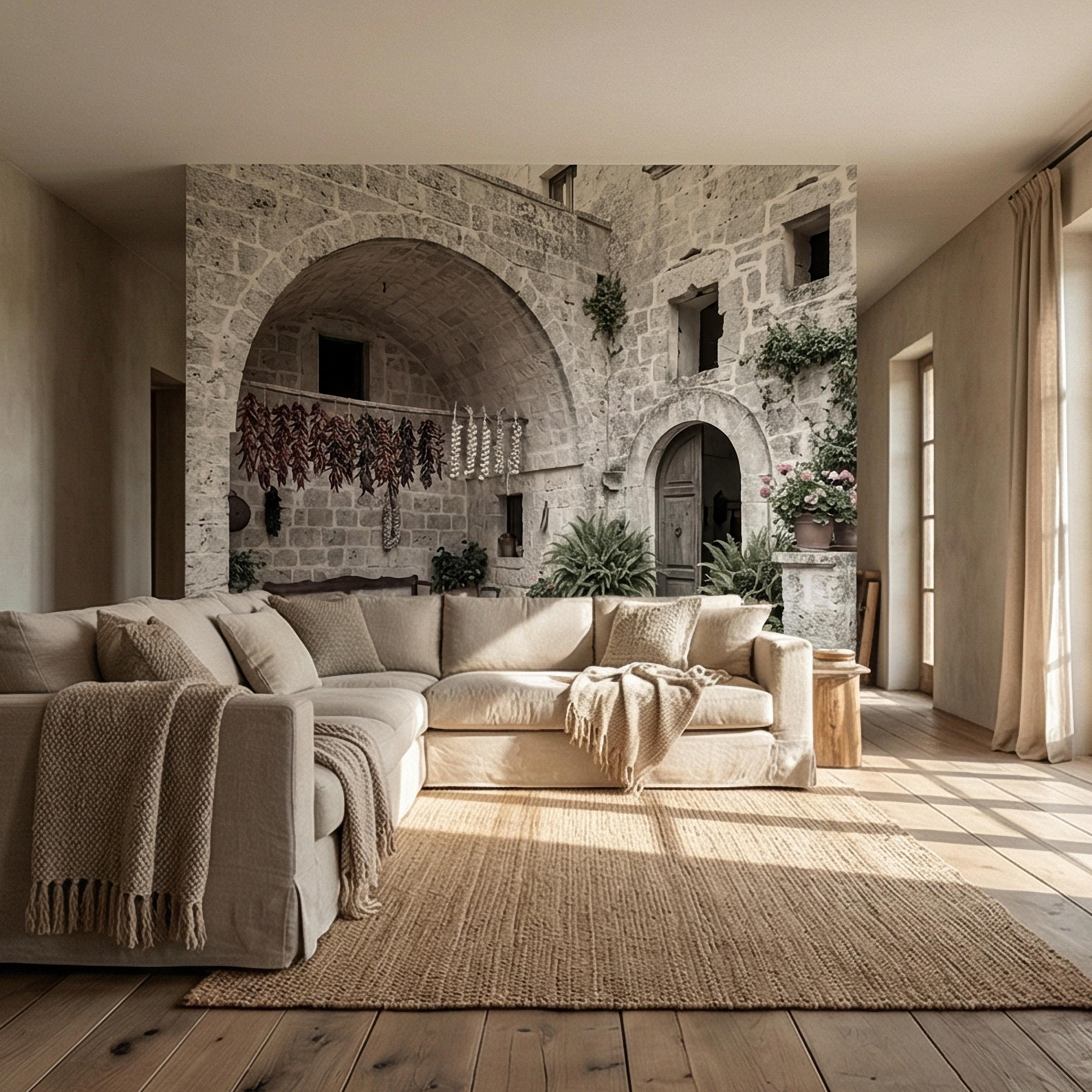 Italian Courtyard Peel and Stick Wall Mural, Rustic Stone Arch Village, Old World Mediterranean Alley, Vintage Italy Wallpaper