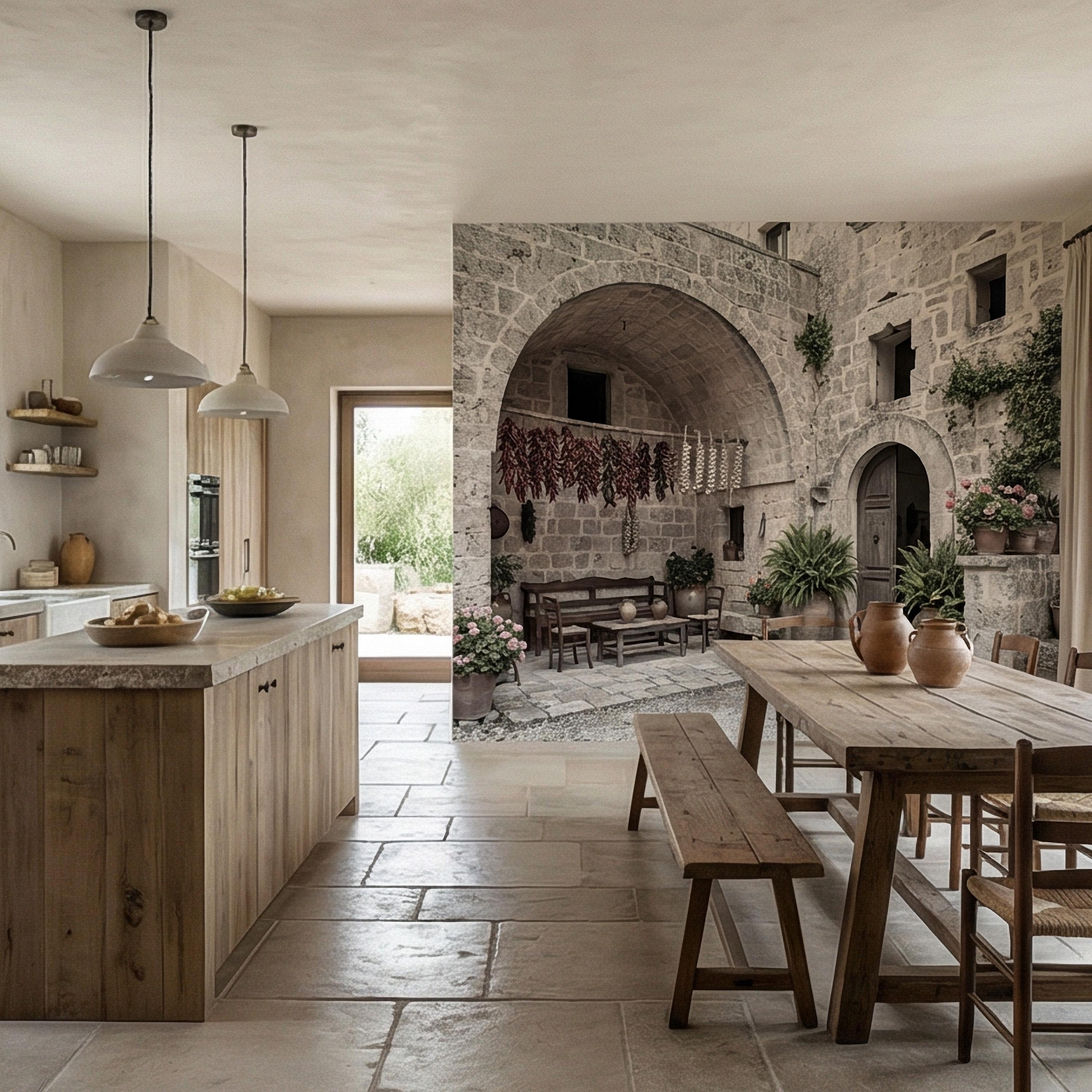 Italian Courtyard Peel and Stick Wall Mural, Rustic Stone Arch Village, Old World Mediterranean Alley, Vintage Italy Wallpaper