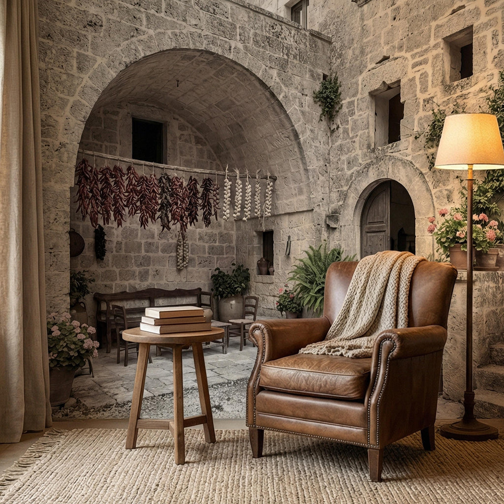Italian Courtyard Peel and Stick Wall Mural, Rustic Stone Arch Village, Old World Mediterranean Alley, Vintage Italy Wallpaper