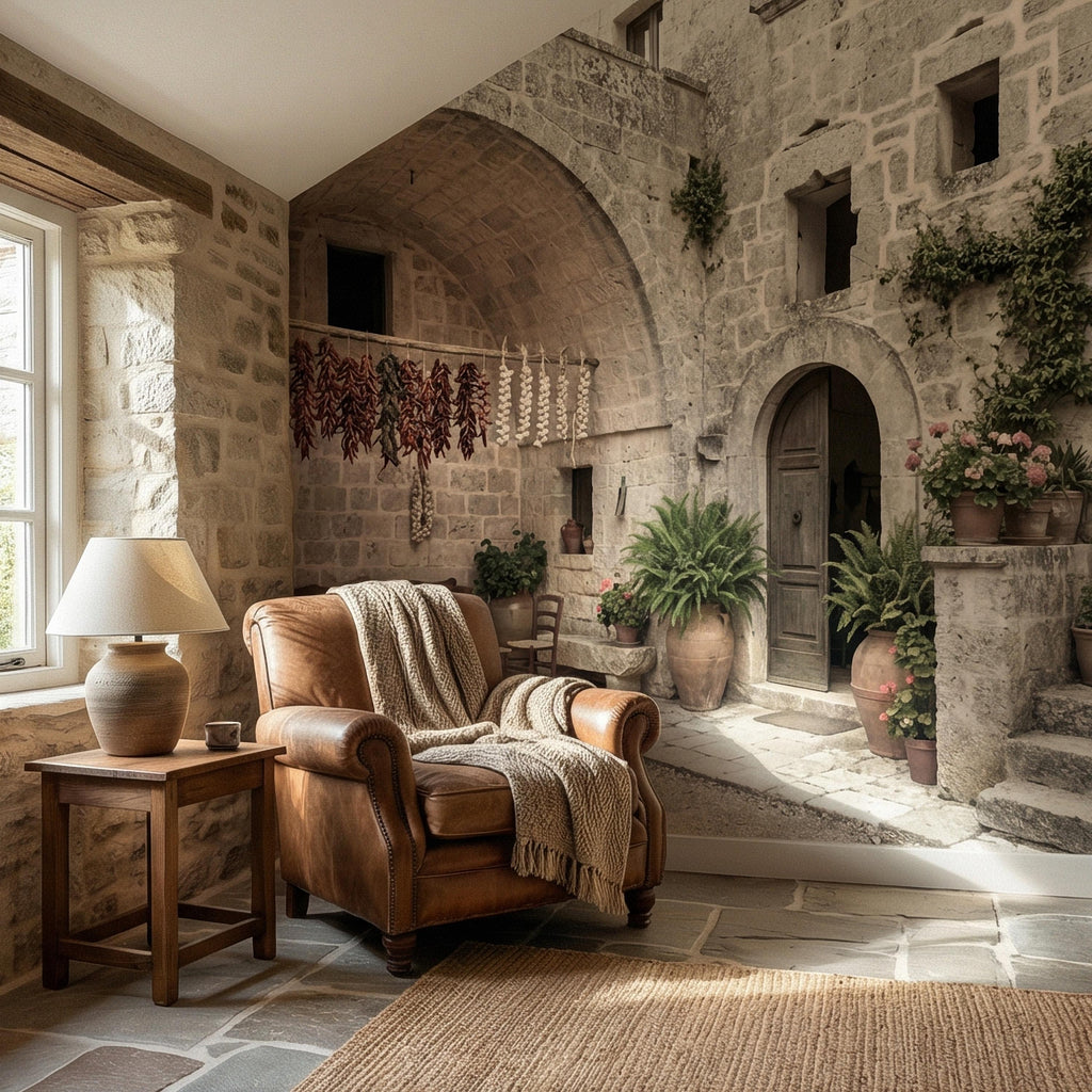 Italian Courtyard Peel and Stick Wall Mural, Rustic Stone Arch Village, Old World Mediterranean Alley, Vintage Italy Wallpaper
