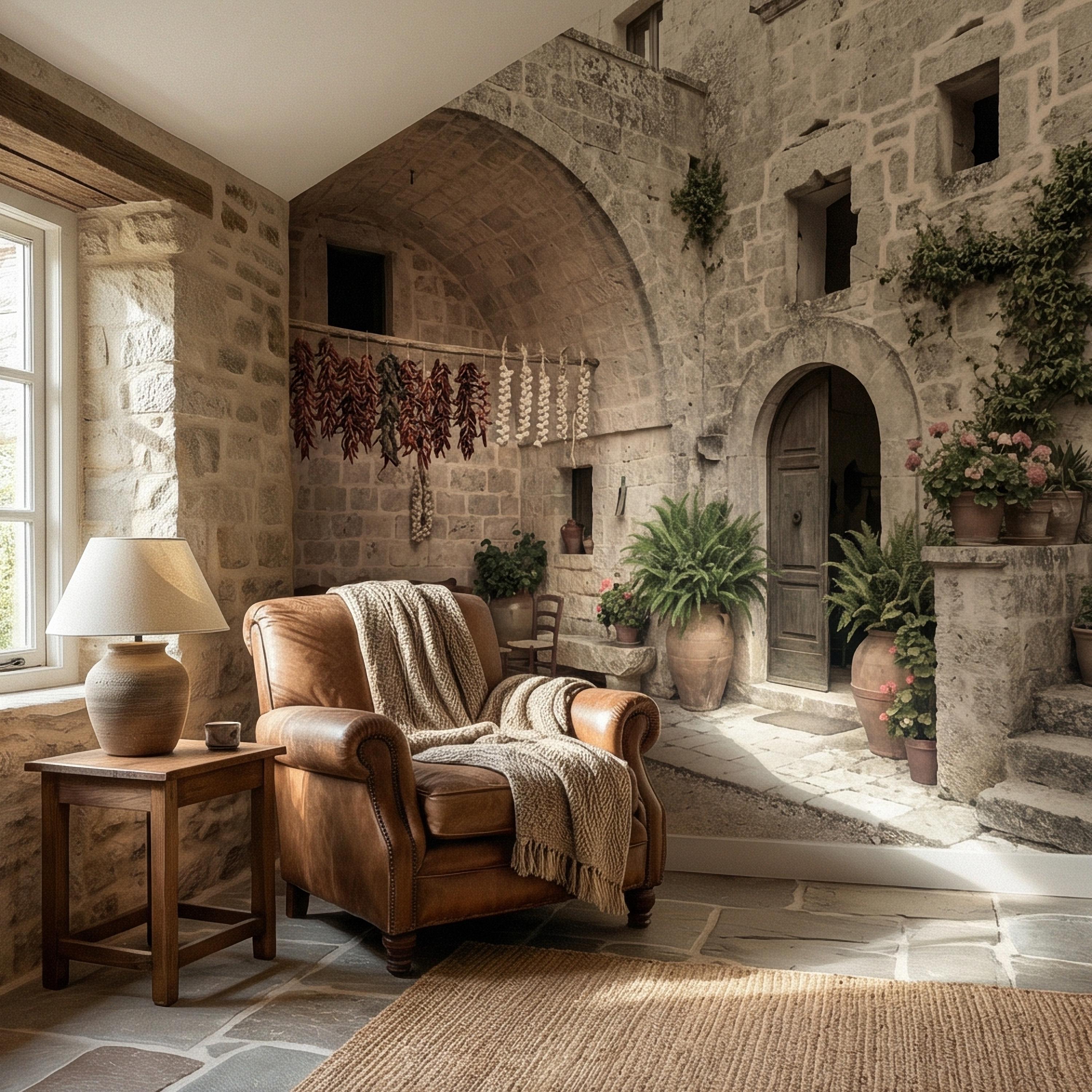 Italian Courtyard Peel and Stick Wall Mural, Rustic Stone Arch Village, Old World Mediterranean Alley, Vintage Italy Wallpaper