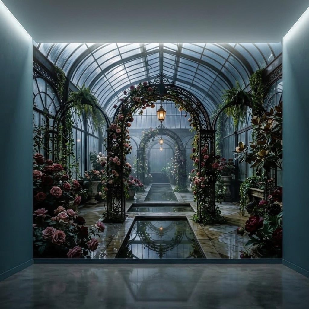 Moonlit Victorian Conservatory Peel and Stick Wall Mural, Dark Floral Greenhouse Rose Garden Wallpaper