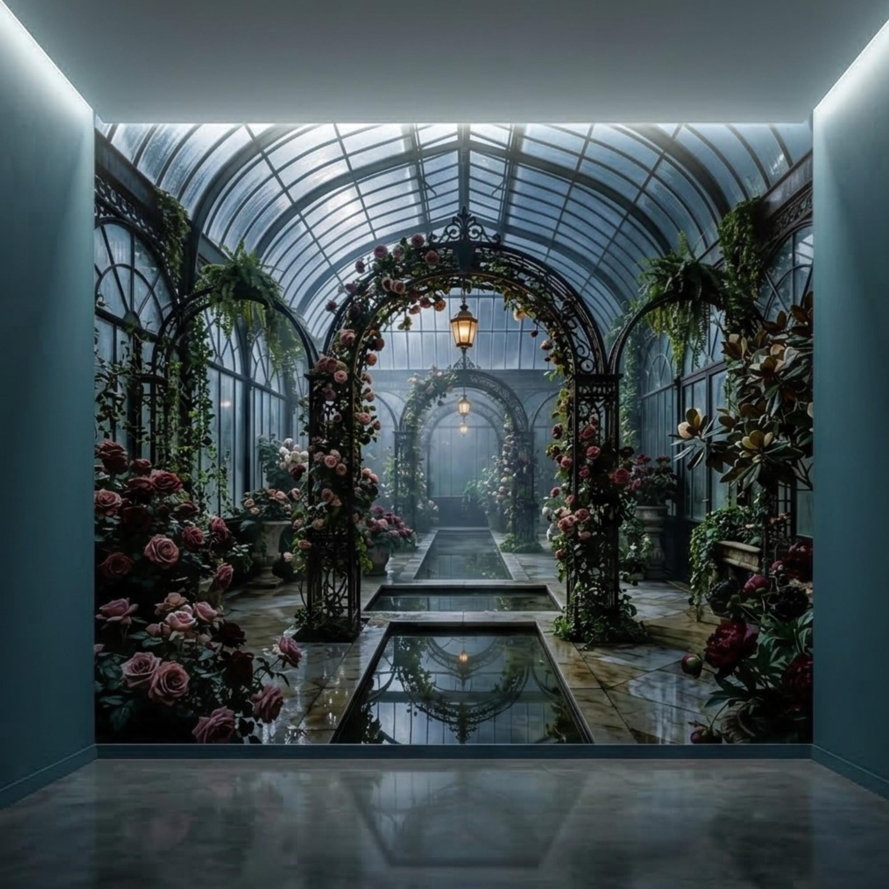 Moonlit Victorian Conservatory Peel and Stick Wall Mural, Dark Floral Greenhouse Rose Garden Wallpaper