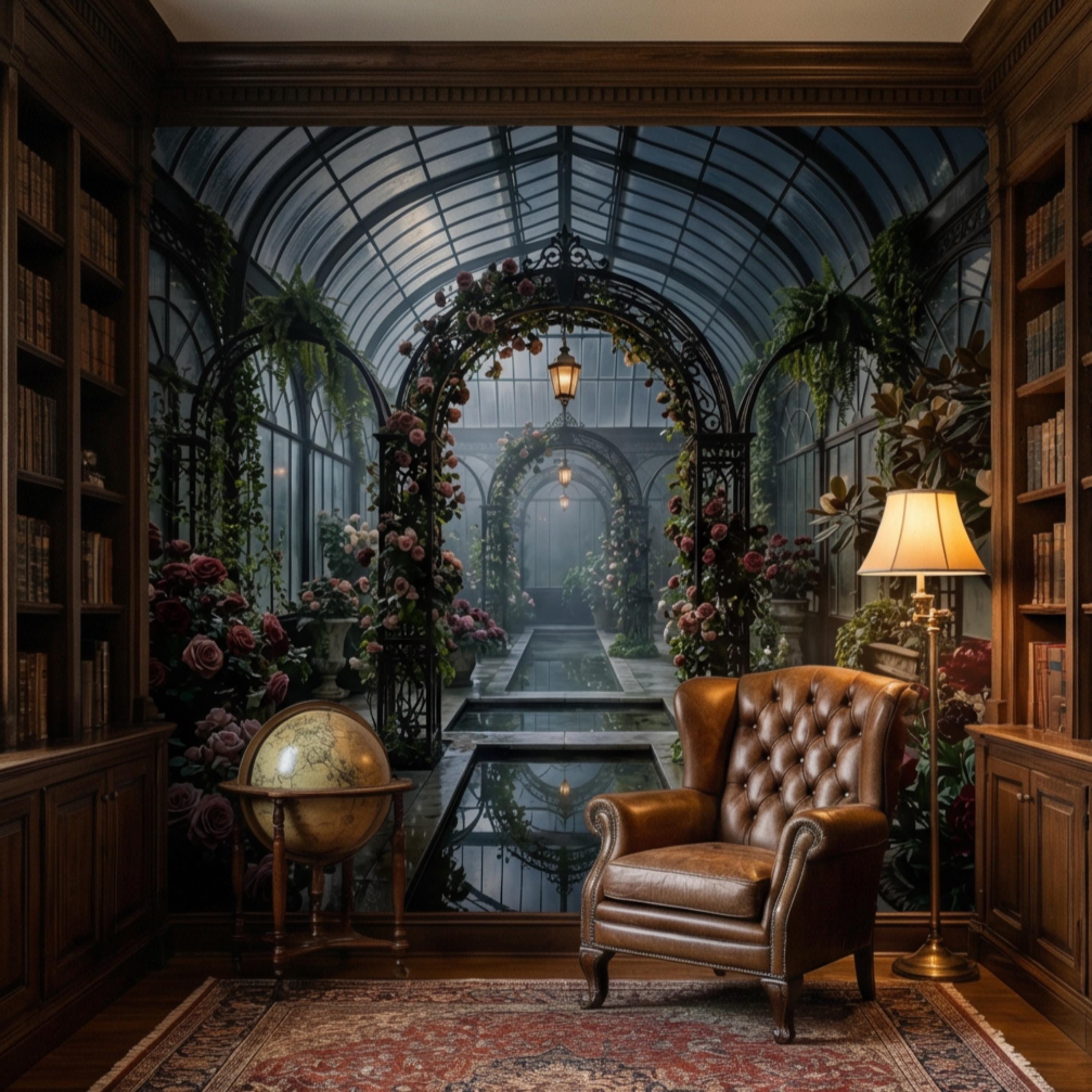 Moonlit Victorian Conservatory Peel and Stick Wall Mural, Dark Floral Greenhouse Rose Garden Wallpaper