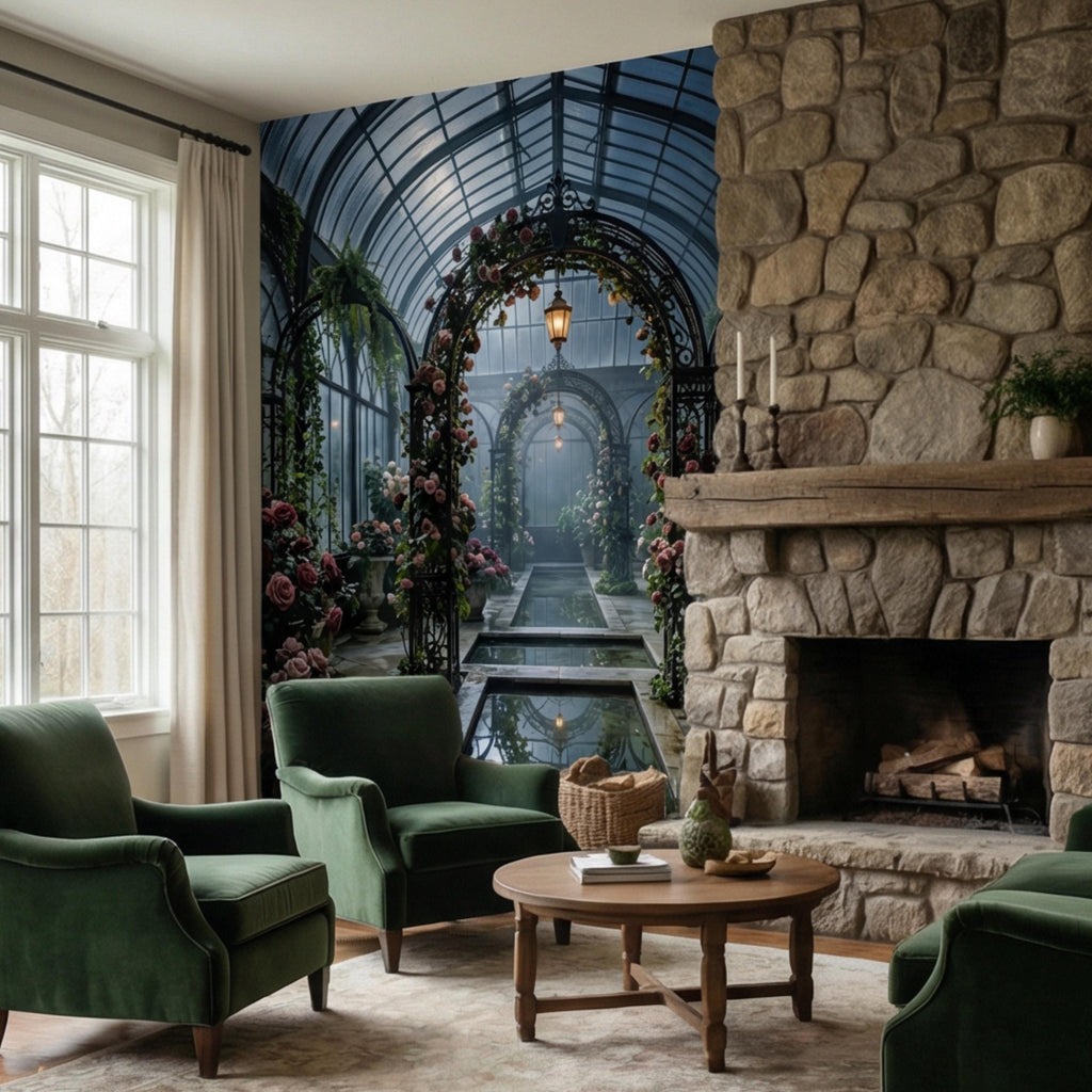 Moonlit Victorian Conservatory Peel and Stick Wall Mural, Dark Floral Greenhouse Rose Garden Wallpaper