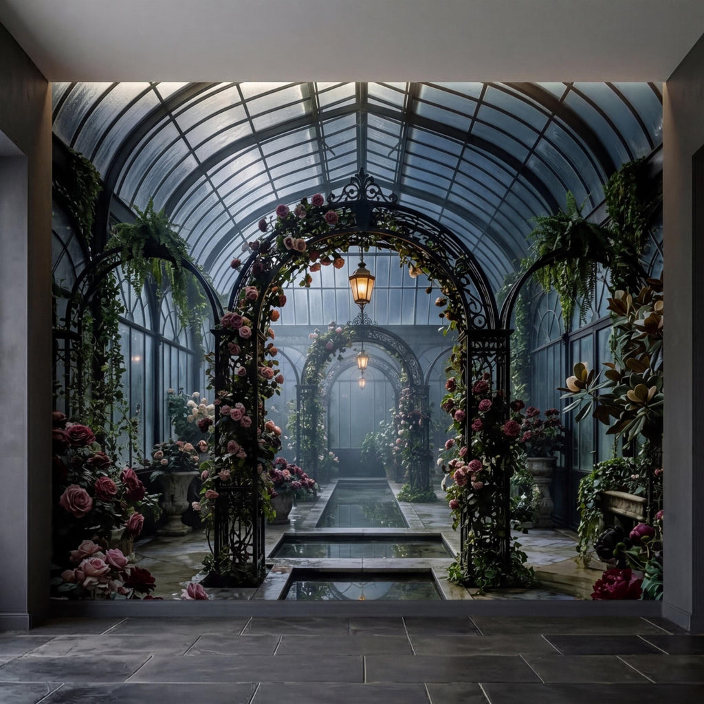 Moonlit Victorian Conservatory Peel and Stick Wall Mural, Dark Floral Greenhouse Rose Garden Wallpaper