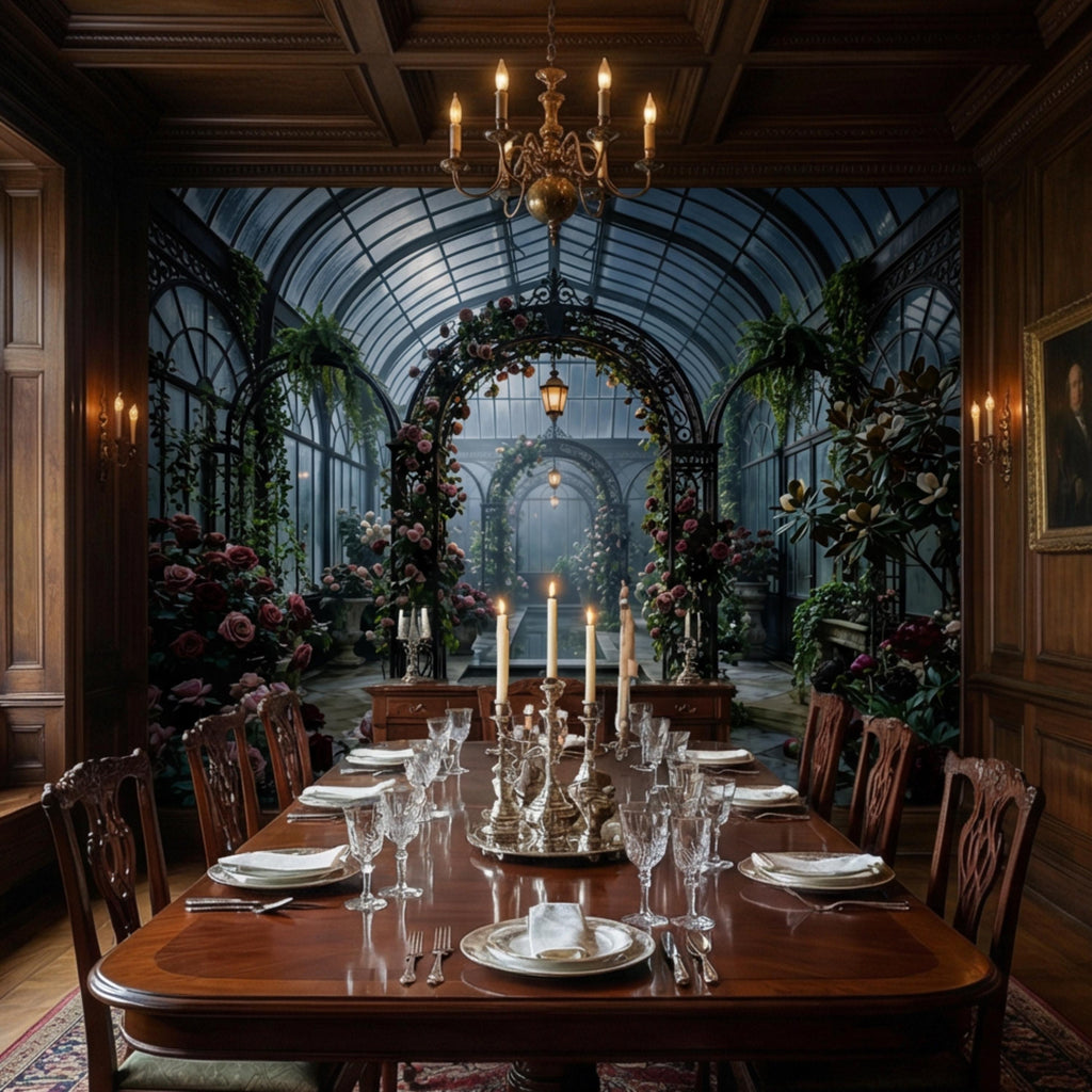 Moonlit Victorian Conservatory Peel and Stick Wall Mural, Dark Floral Greenhouse Rose Garden Wallpaper