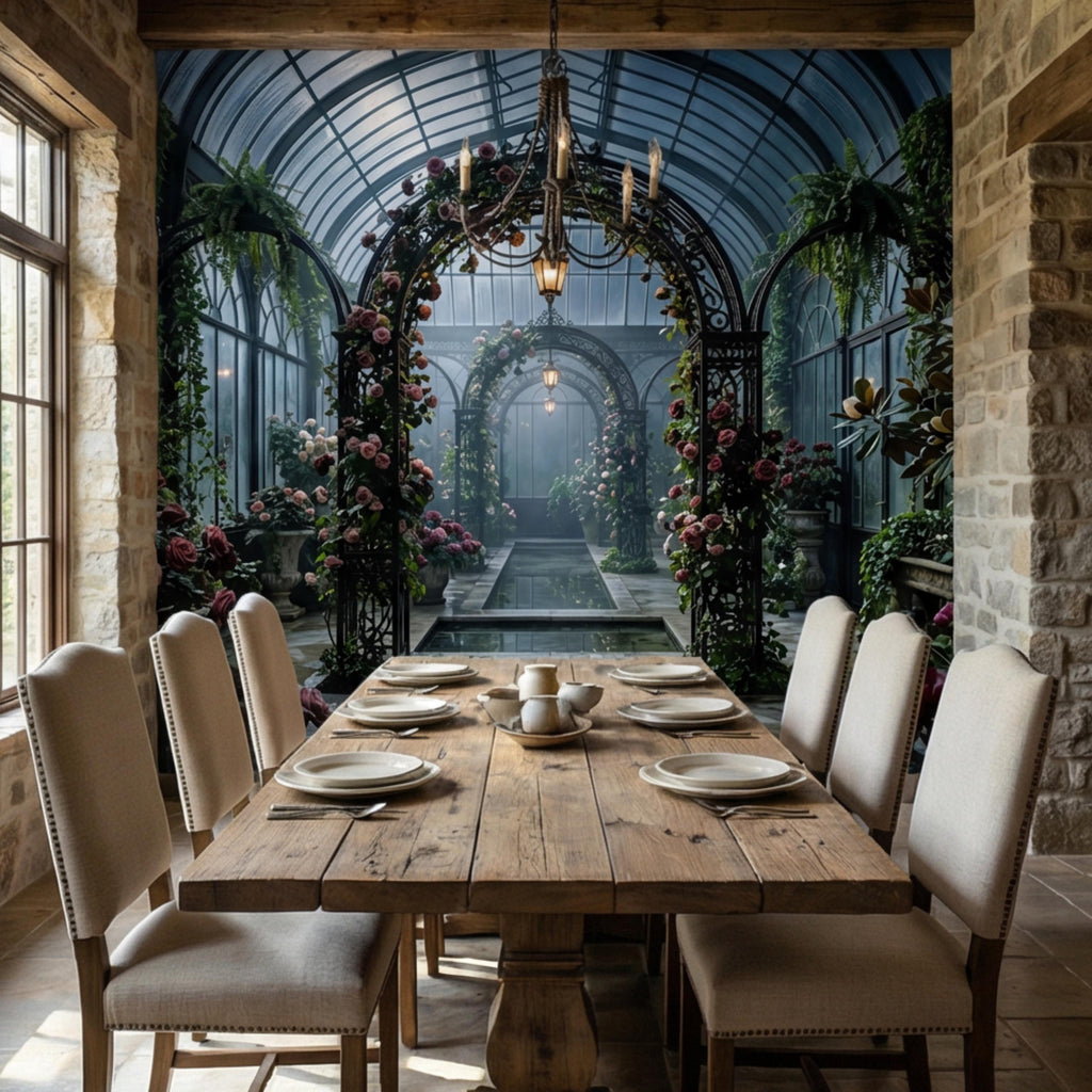 Moonlit Victorian Conservatory Peel and Stick Wall Mural, Dark Floral Greenhouse Rose Garden Wallpaper