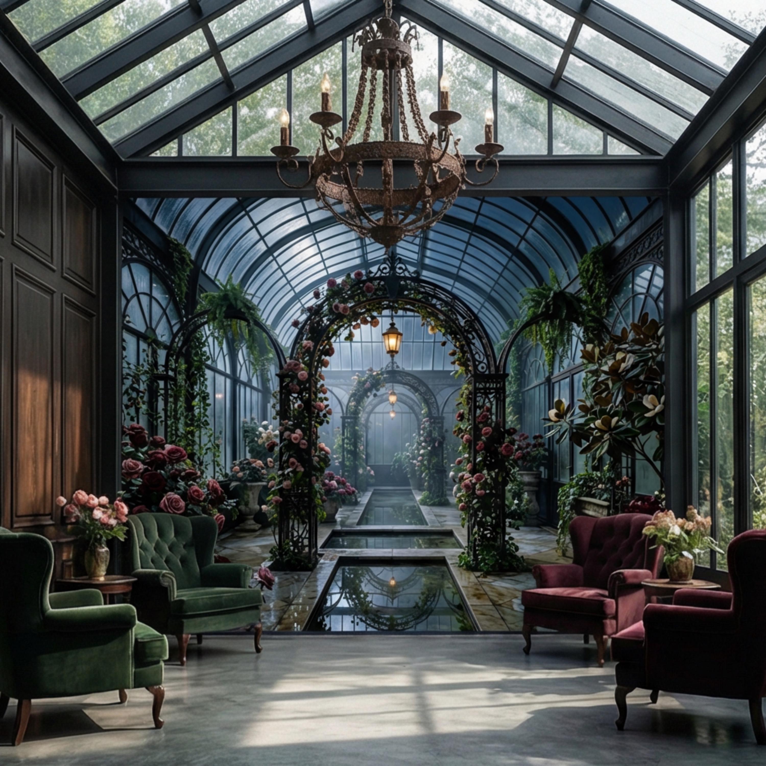 Moonlit Victorian Conservatory Peel and Stick Wall Mural, Dark Floral Greenhouse Rose Garden Wallpaper