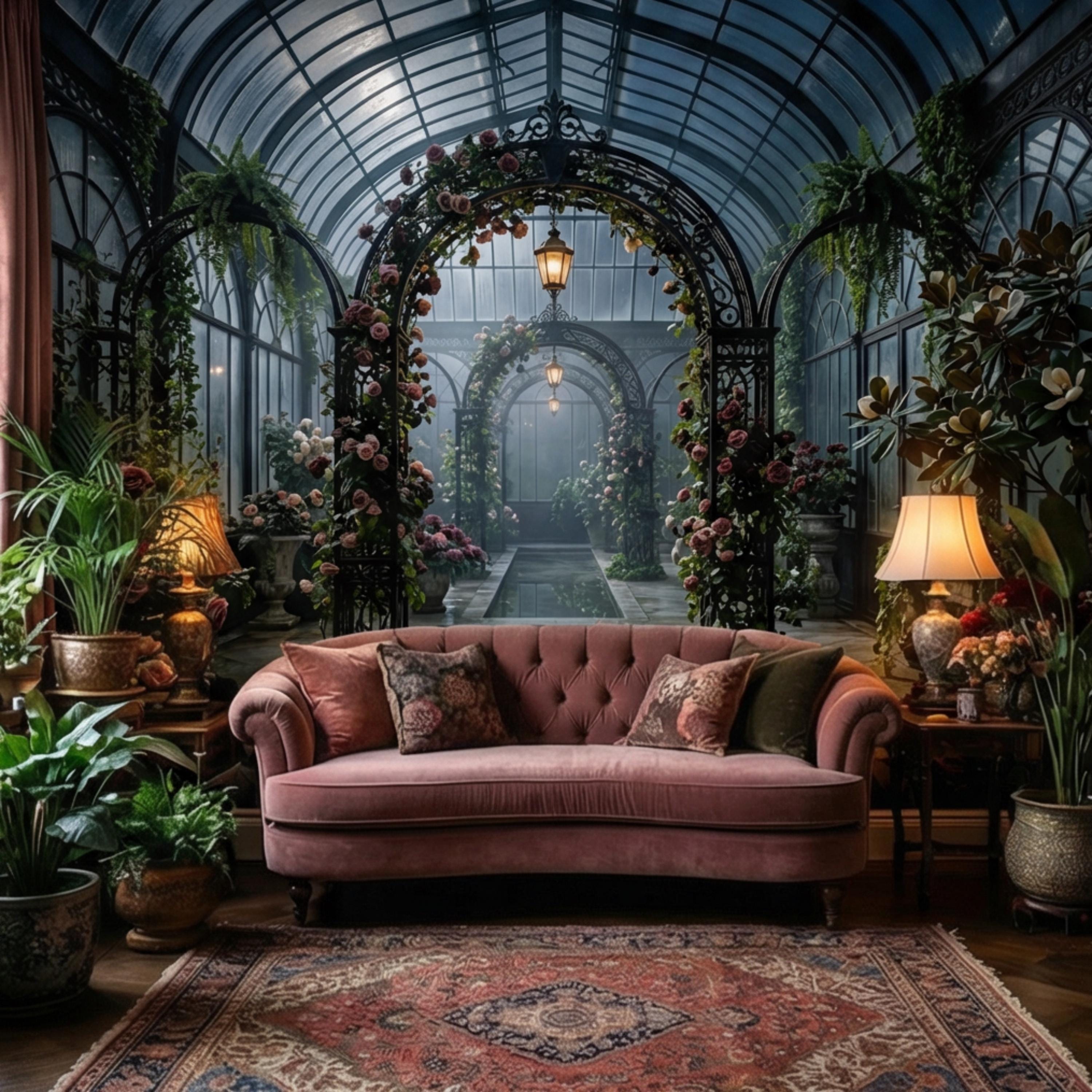 Moonlit Victorian Conservatory Peel and Stick Wall Mural, Dark Floral Greenhouse Rose Garden Wallpaper
