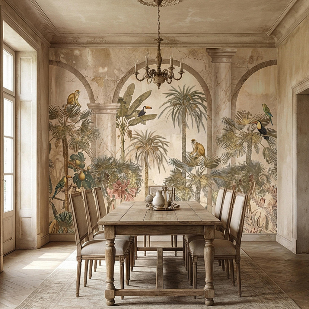 Tropical Jungle Peel and Stick Wall Mural, Vintage Palm Tree Monkeys and Toucans, Arched Fresco Style Wallpaper