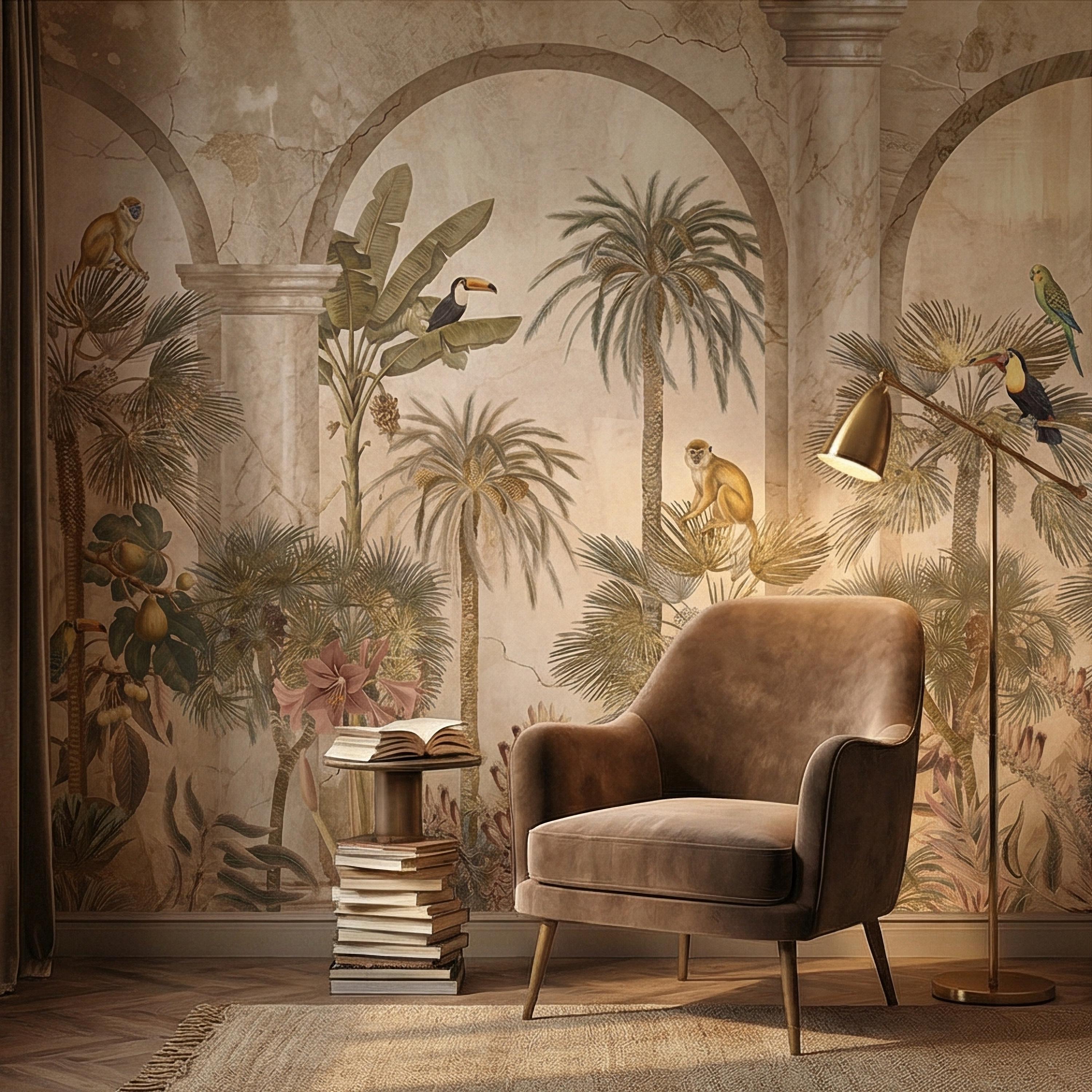 Tropical Jungle Peel and Stick Wall Mural, Vintage Palm Tree Monkeys and Toucans, Arched Fresco Style Wallpaper