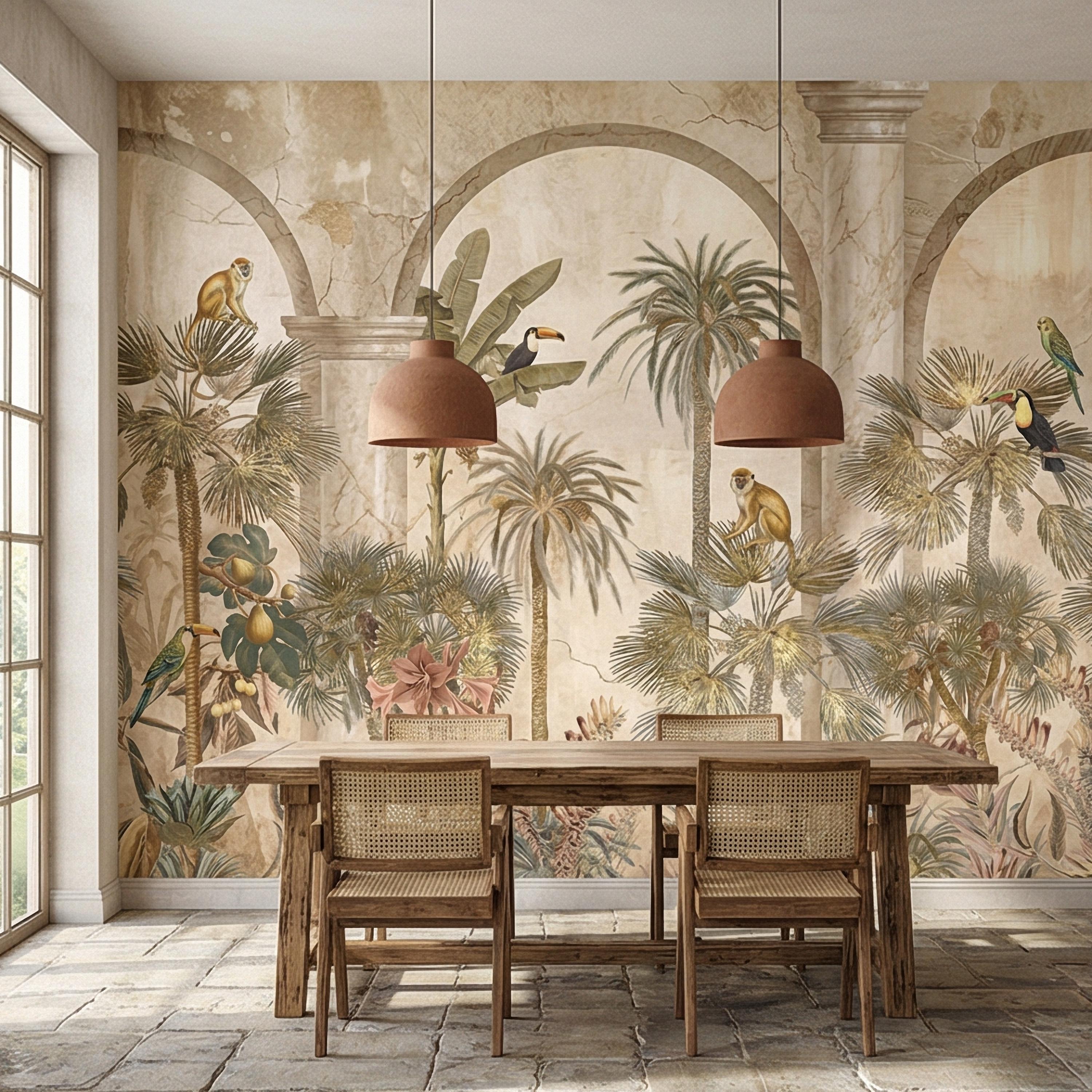 Tropical Jungle Peel and Stick Wall Mural, Vintage Palm Tree Monkeys and Toucans, Arched Fresco Style Wallpaper
