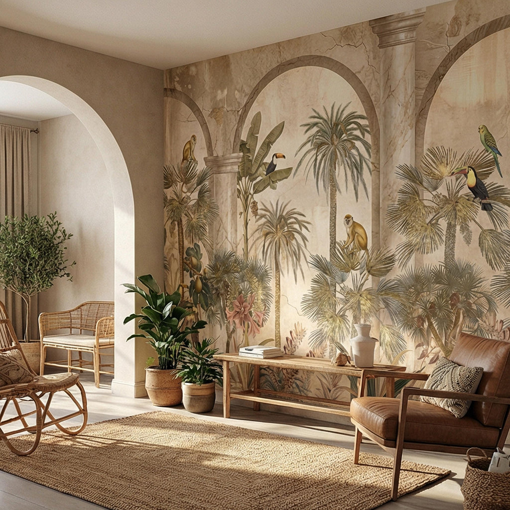 Tropical Jungle Peel and Stick Wall Mural, Vintage Palm Tree Monkeys and Toucans, Arched Fresco Style Wallpaper
