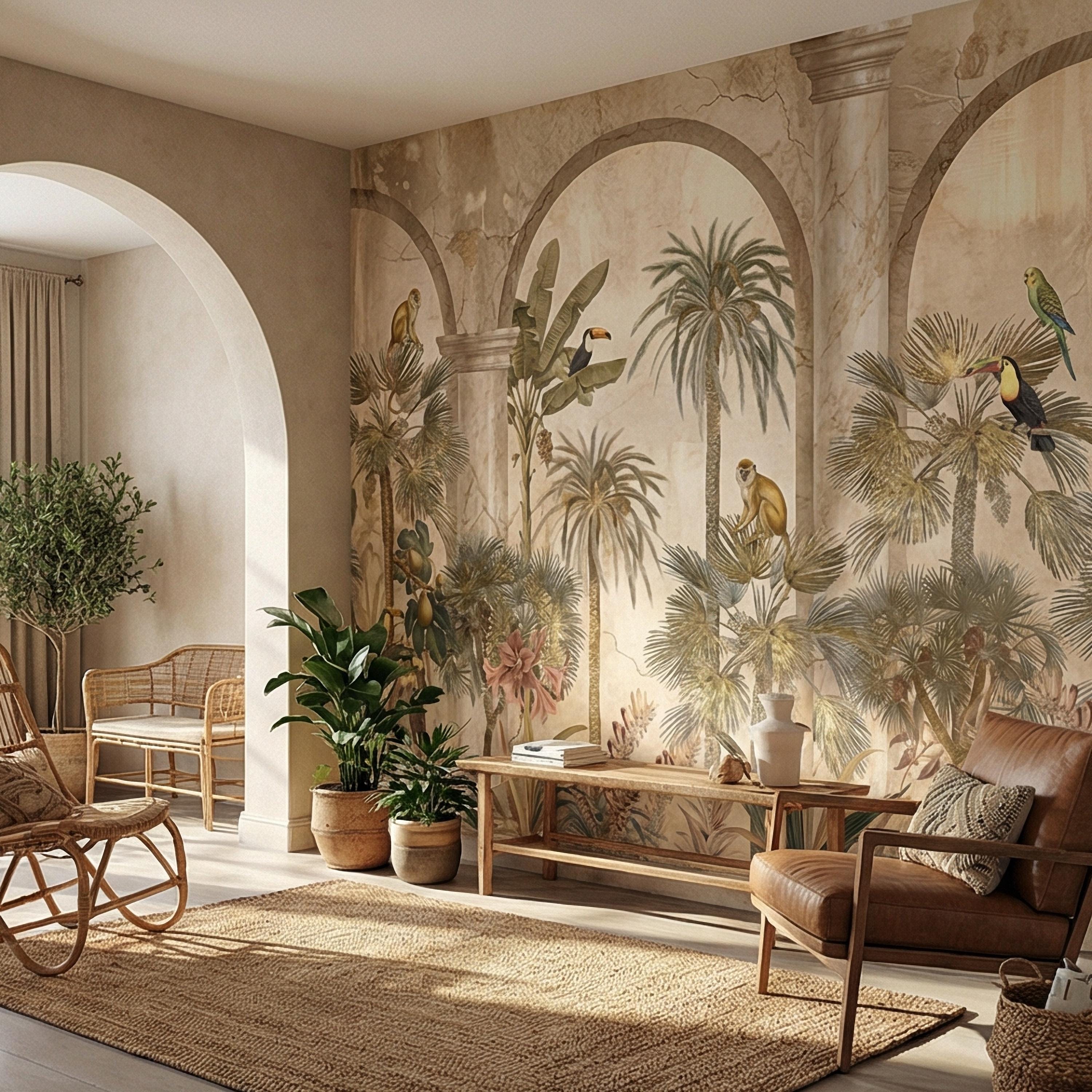 Tropical Jungle Peel and Stick Wall Mural, Vintage Palm Tree Monkeys and Toucans, Arched Fresco Style Wallpaper