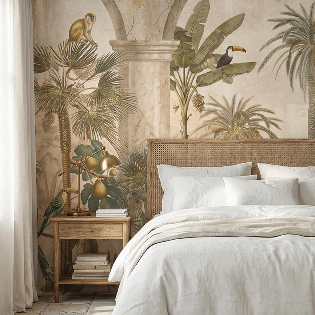 Tropical Jungle Peel and Stick Wall Mural, Vintage Palm Tree Monkeys and Toucans, Arched Fresco Style Wallpaper