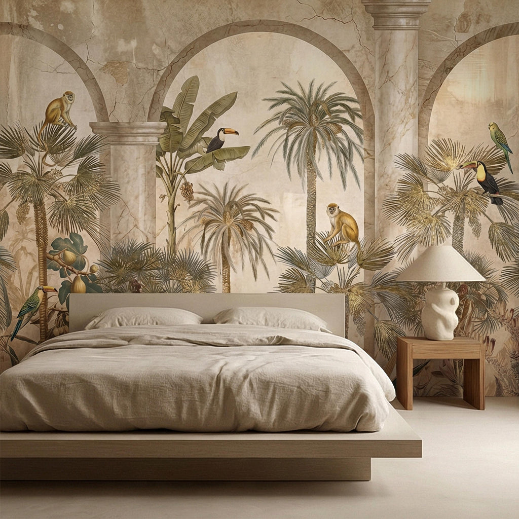 Tropical Jungle Peel and Stick Wall Mural, Vintage Palm Tree Monkeys and Toucans, Arched Fresco Style Wallpaper