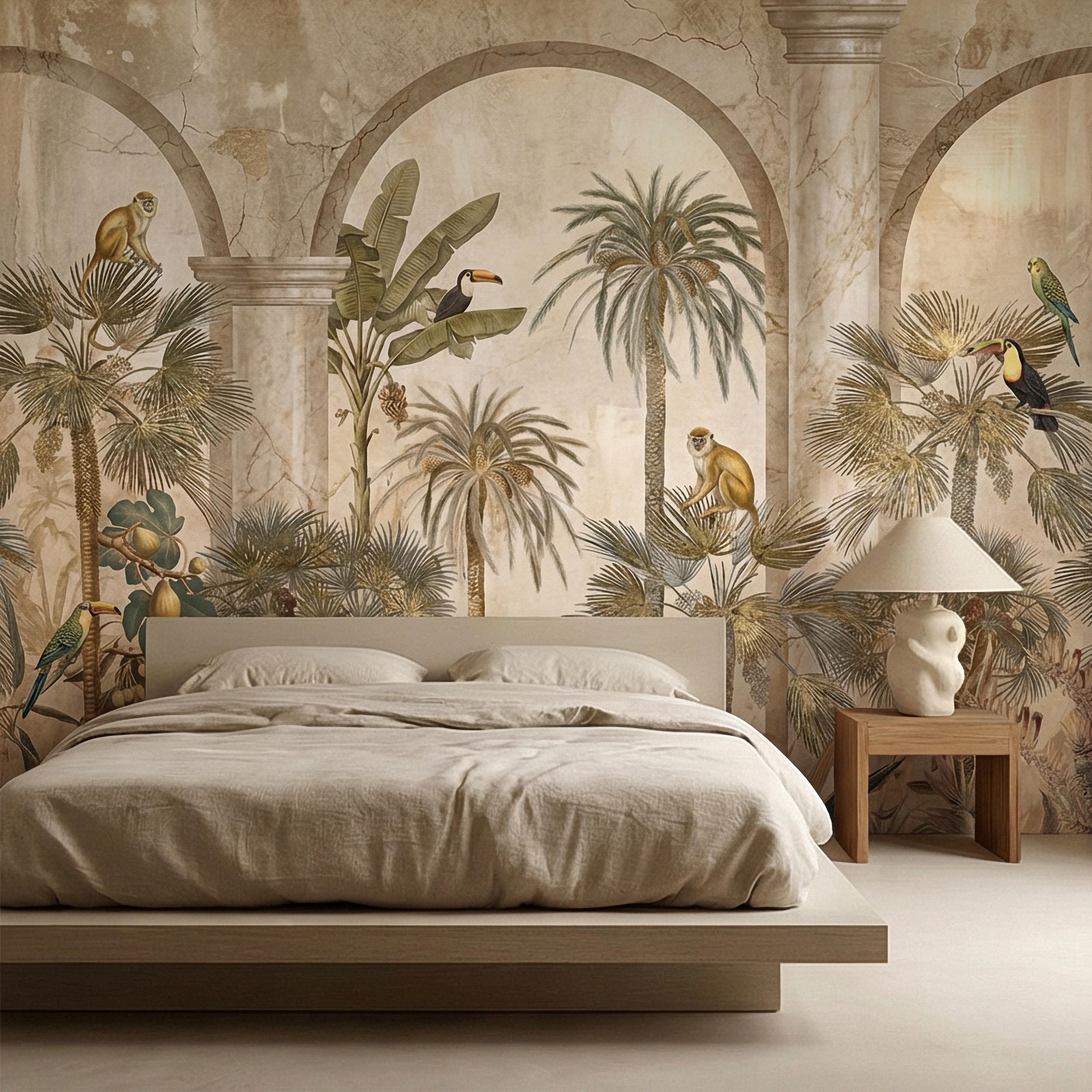 Tropical Jungle Peel and Stick Wall Mural, Vintage Palm Tree Monkeys and Toucans, Arched Fresco Style Wallpaper