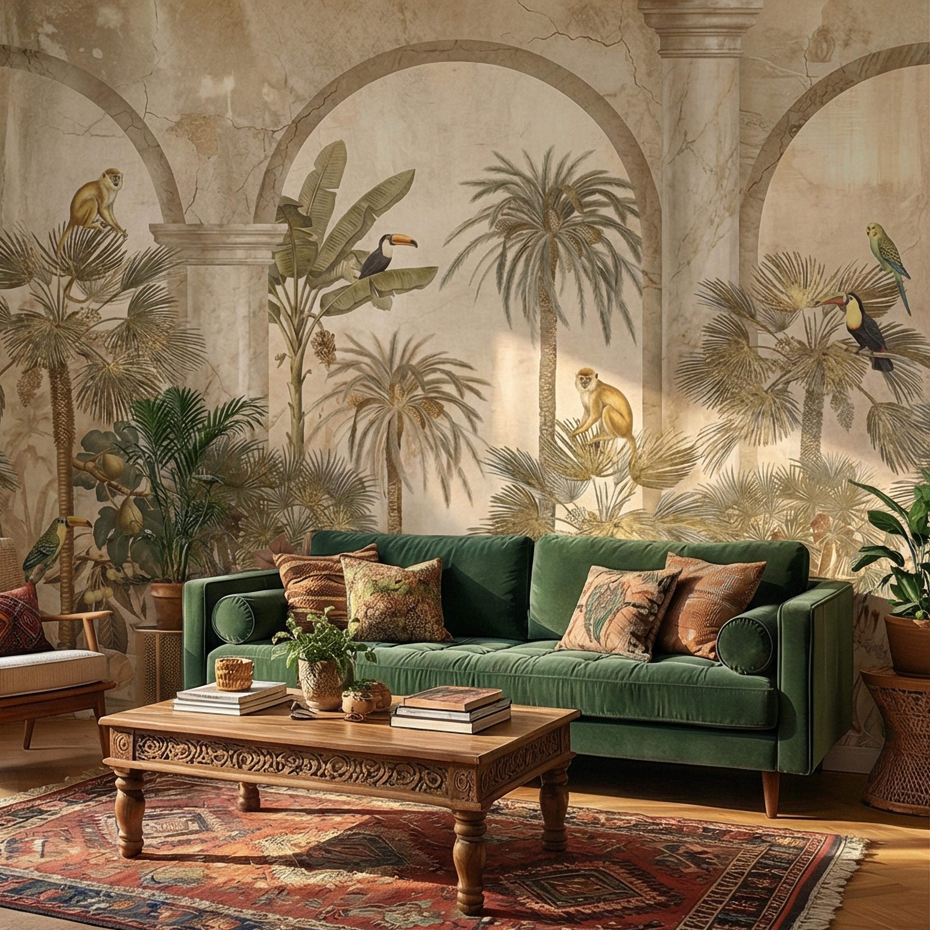 Tropical Jungle Peel and Stick Wall Mural, Vintage Palm Tree Monkeys and Toucans, Arched Fresco Style Wallpaper