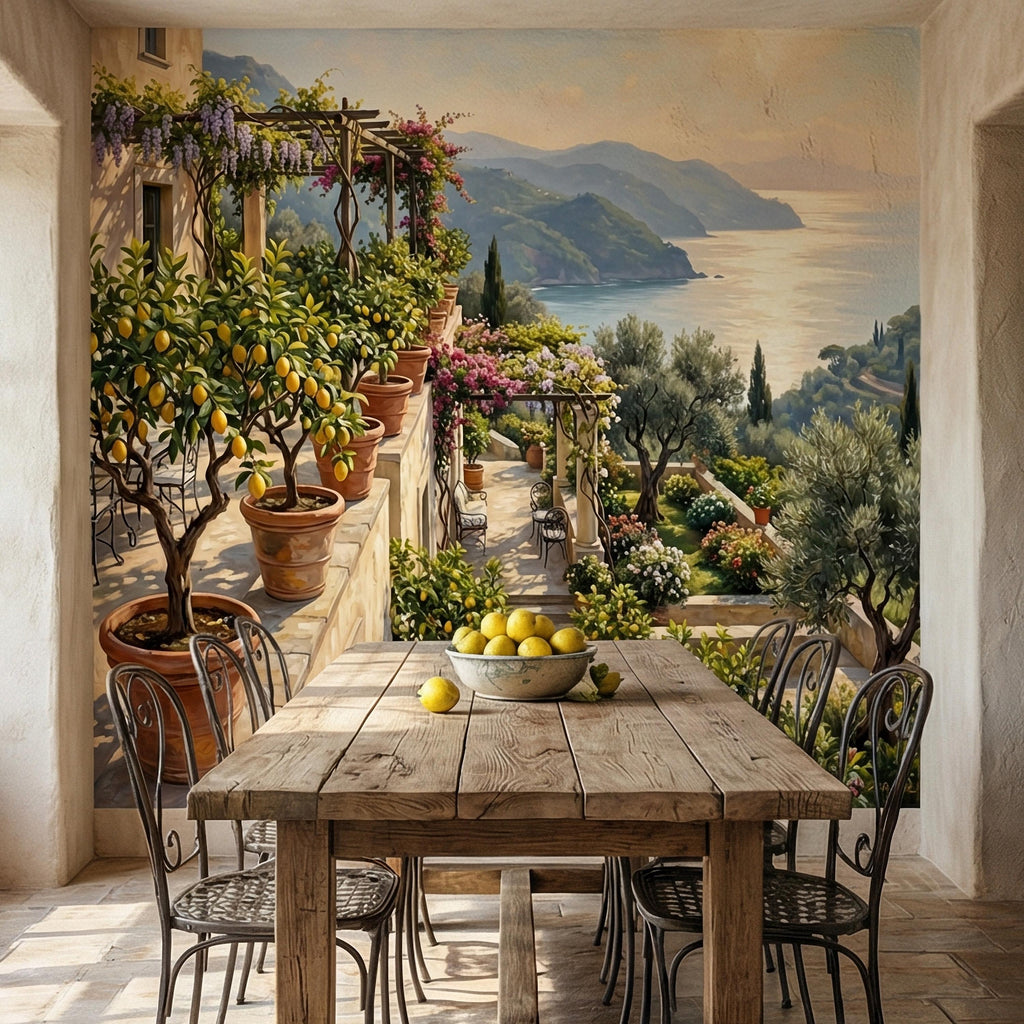 Amalfi Coast Italian Lemon Terrace Peel and Stick Wall Mural, Mediterranean Villa Sea View Wallpaper