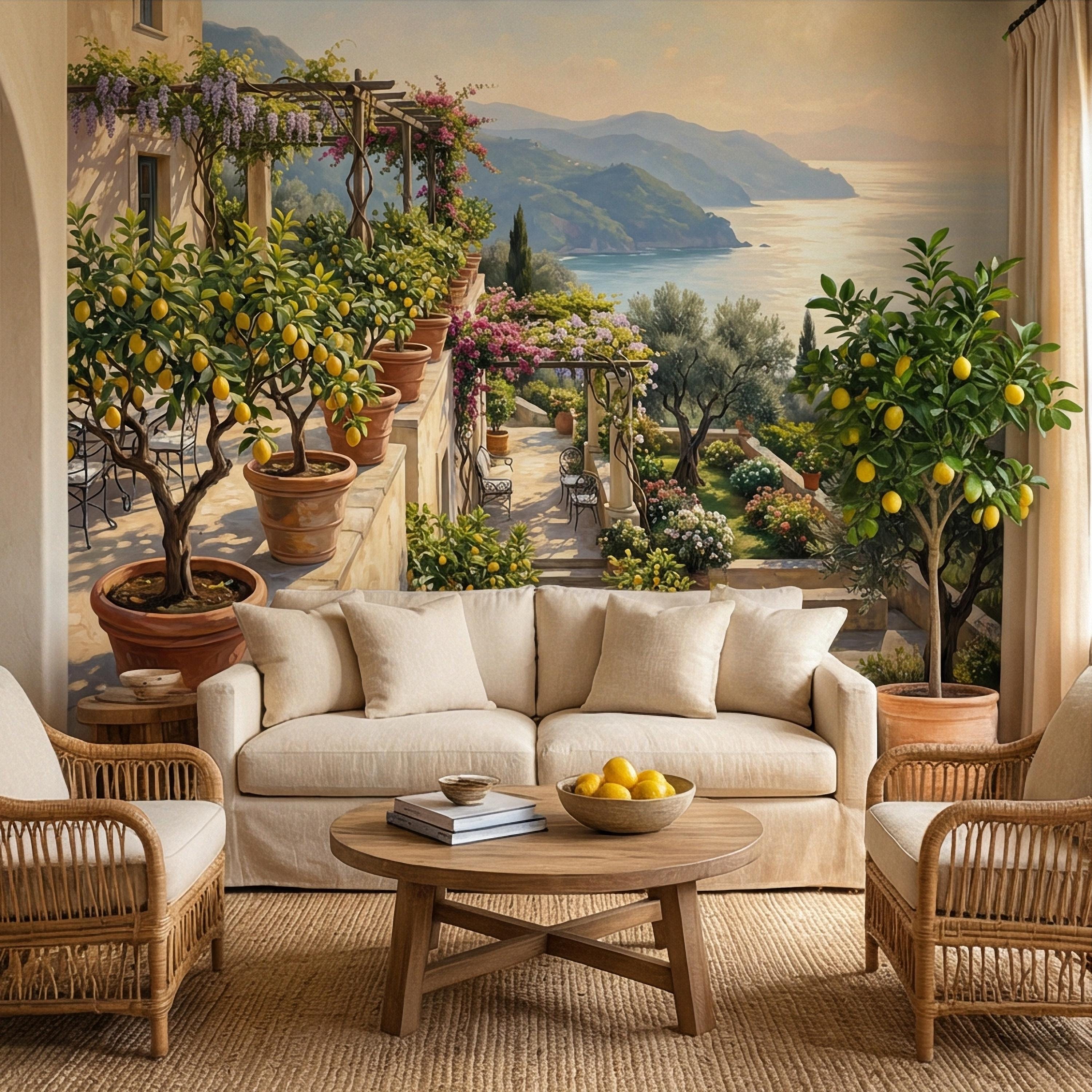 Amalfi Coast Italian Lemon Terrace Peel and Stick Wall Mural, Mediterranean Villa Sea View Wallpaper