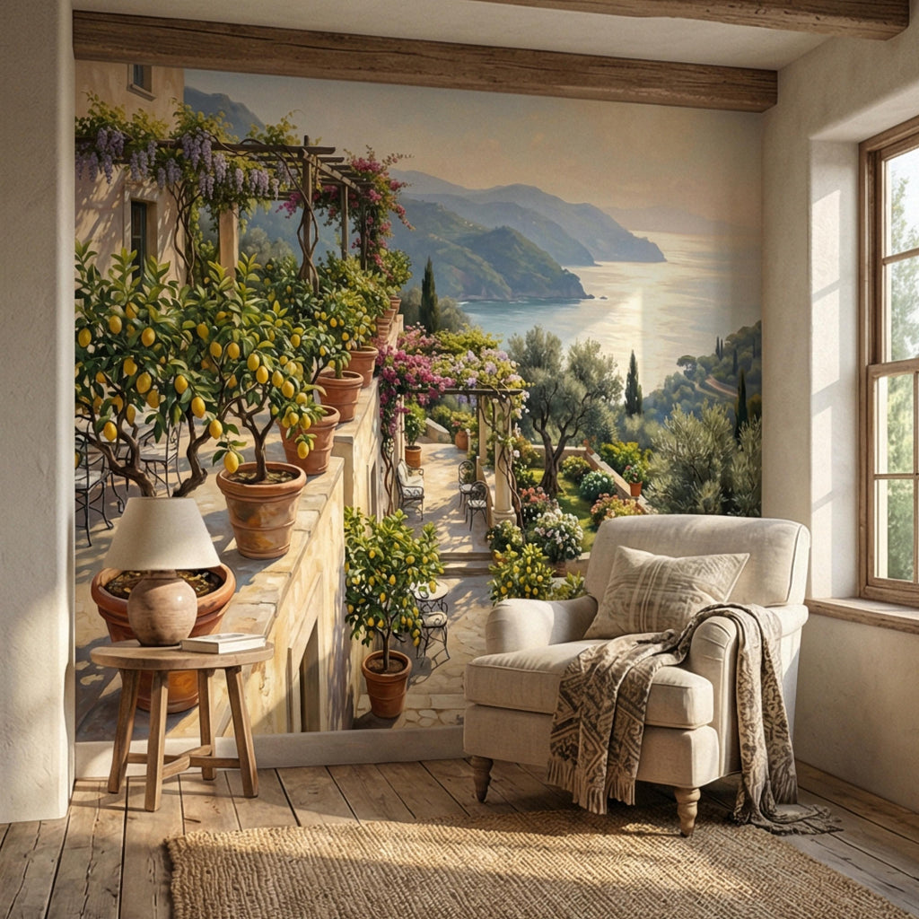 Amalfi Coast Italian Lemon Terrace Peel and Stick Wall Mural, Mediterranean Villa Sea View Wallpaper