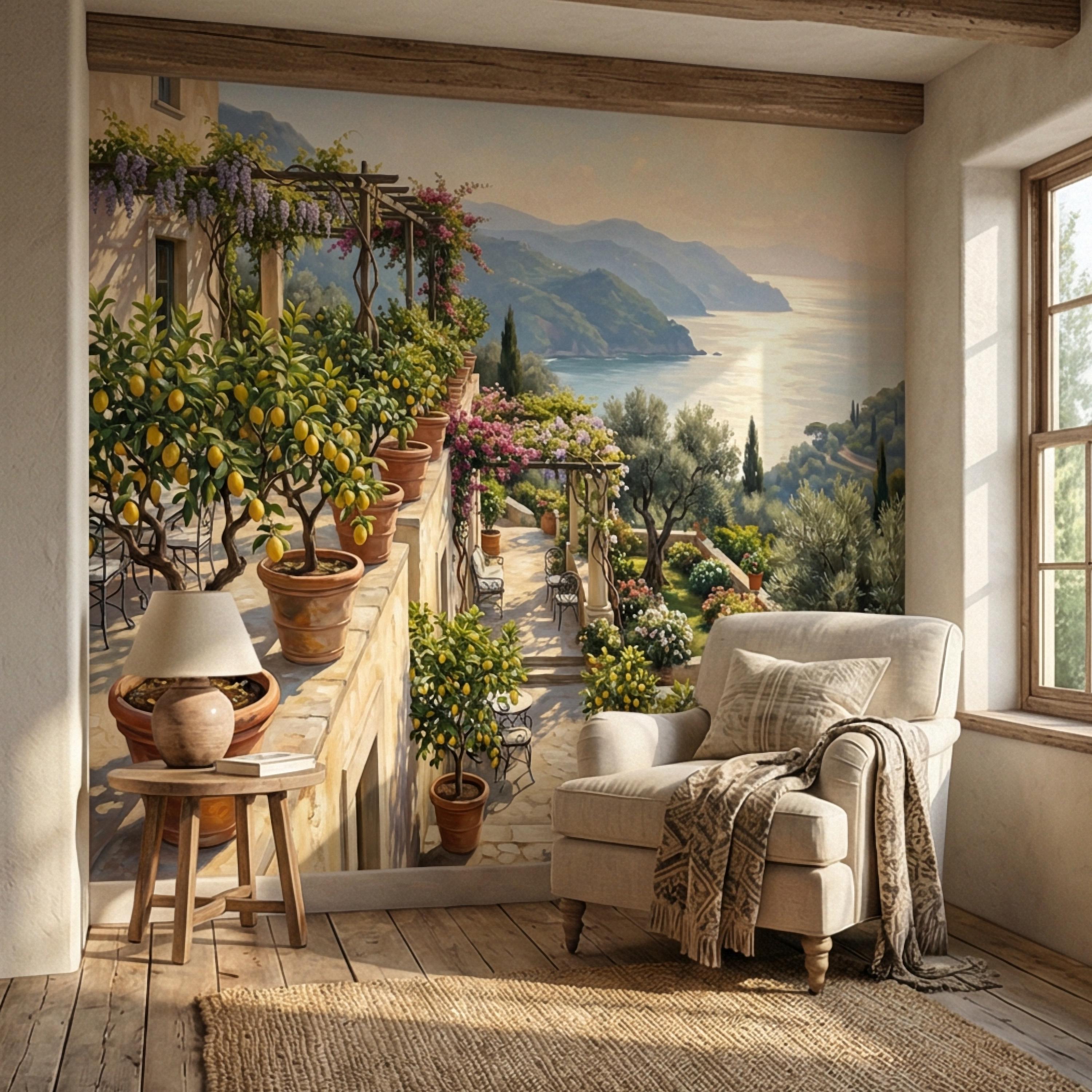 Amalfi Coast Italian Lemon Terrace Peel and Stick Wall Mural, Mediterranean Villa Sea View Wallpaper