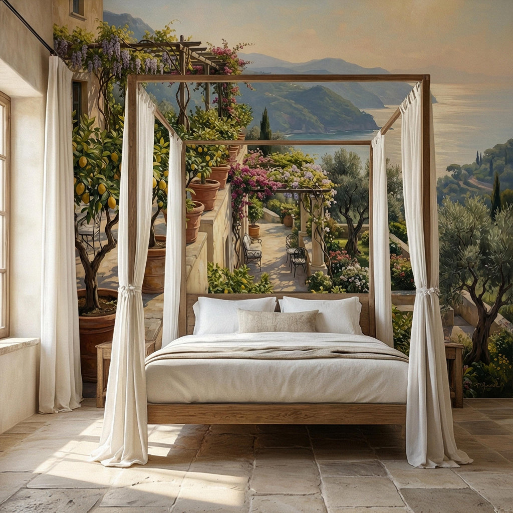 Amalfi Coast Italian Lemon Terrace Peel and Stick Wall Mural, Mediterranean Villa Sea View Wallpaper