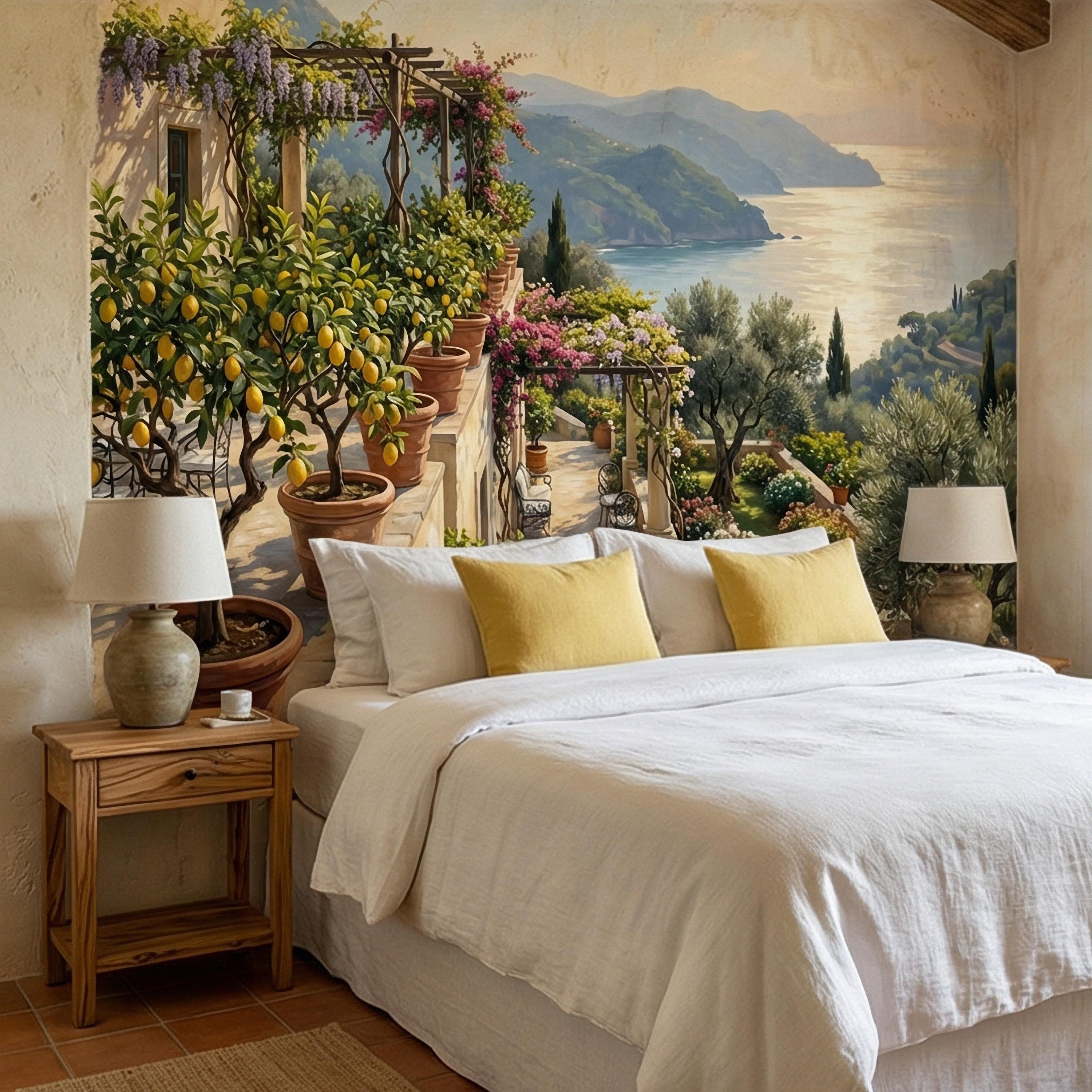 Amalfi Coast Italian Lemon Terrace Peel and Stick Wall Mural, Mediterranean Villa Sea View Wallpaper