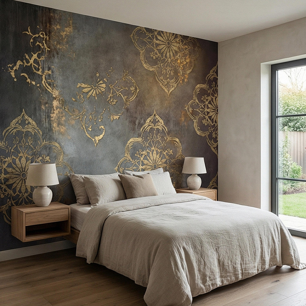 Moroccan Peel and Stick Wall Mural, Dark Vintage Medallion, Distressed Ornamental, Boho Gothic Wallpaper