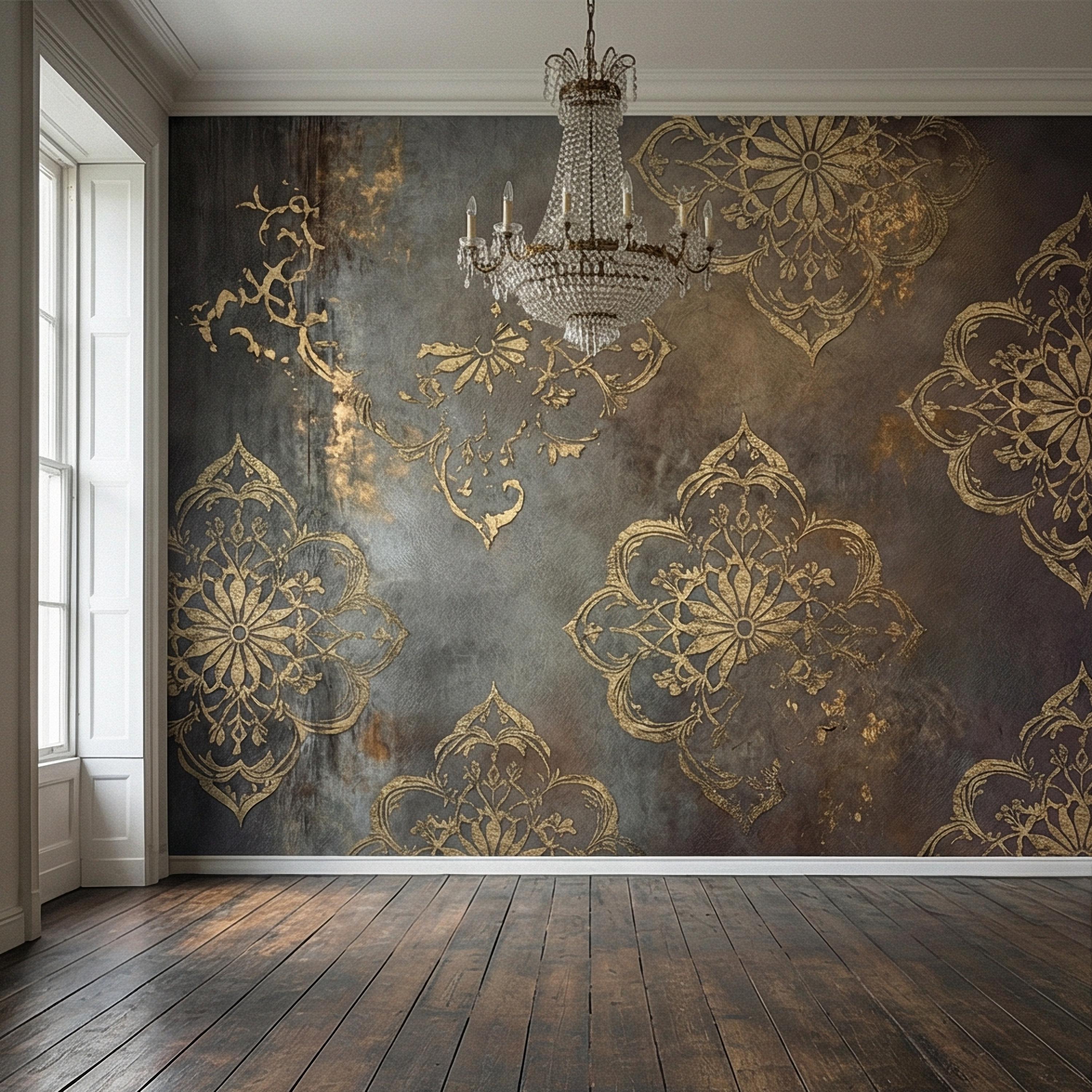 Moroccan Peel and Stick Wall Mural, Dark Vintage Medallion, Distressed Ornamental, Boho Gothic Wallpaper