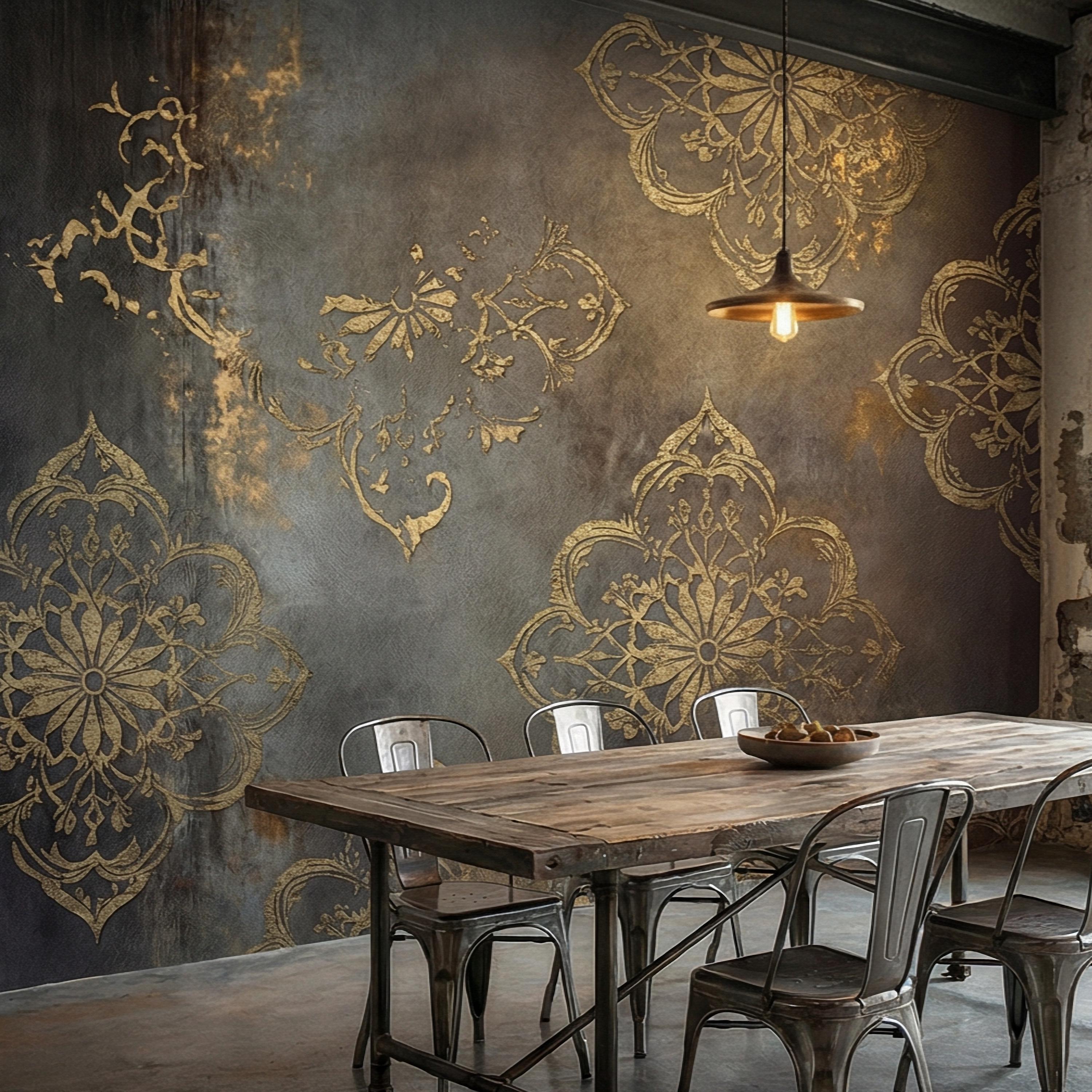 Moroccan Peel and Stick Wall Mural, Dark Vintage Medallion, Distressed Ornamental, Boho Gothic Wallpaper