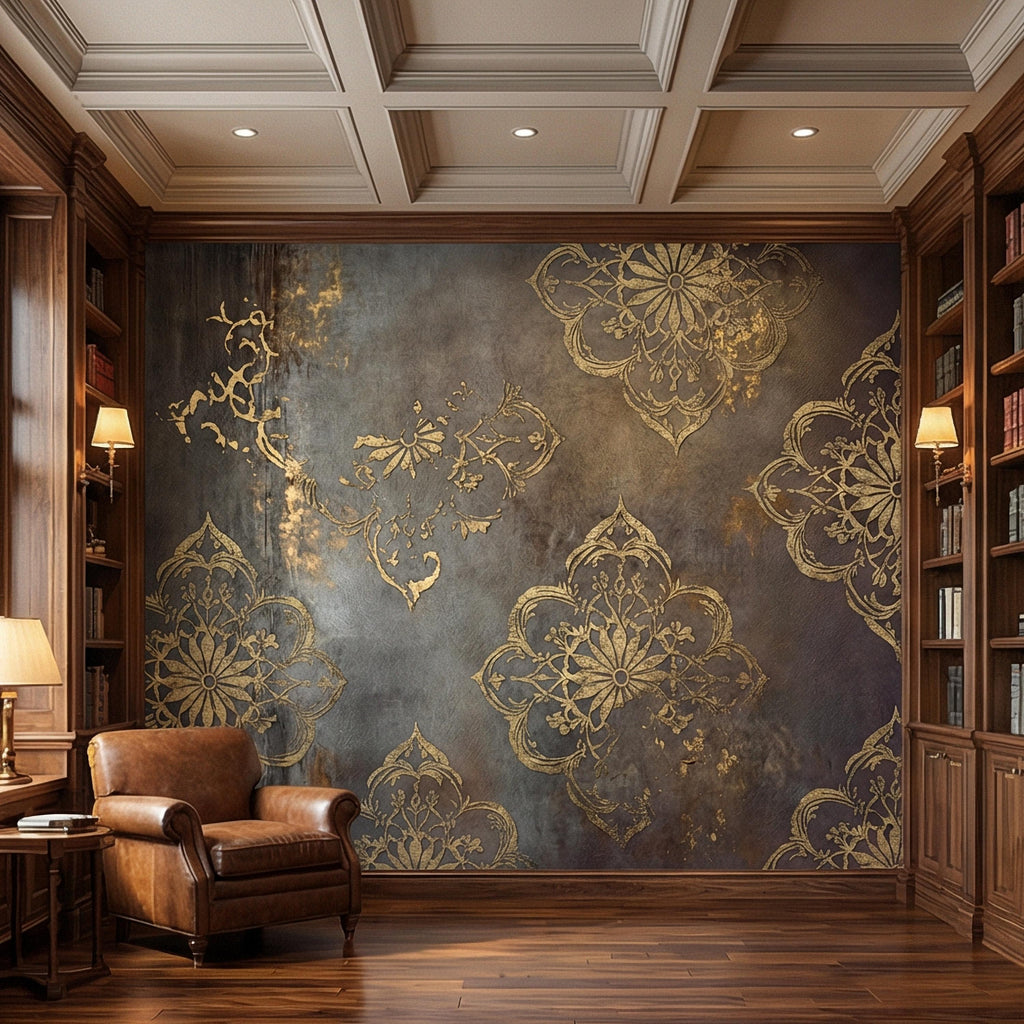 Moroccan Peel and Stick Wall Mural, Dark Vintage Medallion, Distressed Ornamental, Boho Gothic Wallpaper