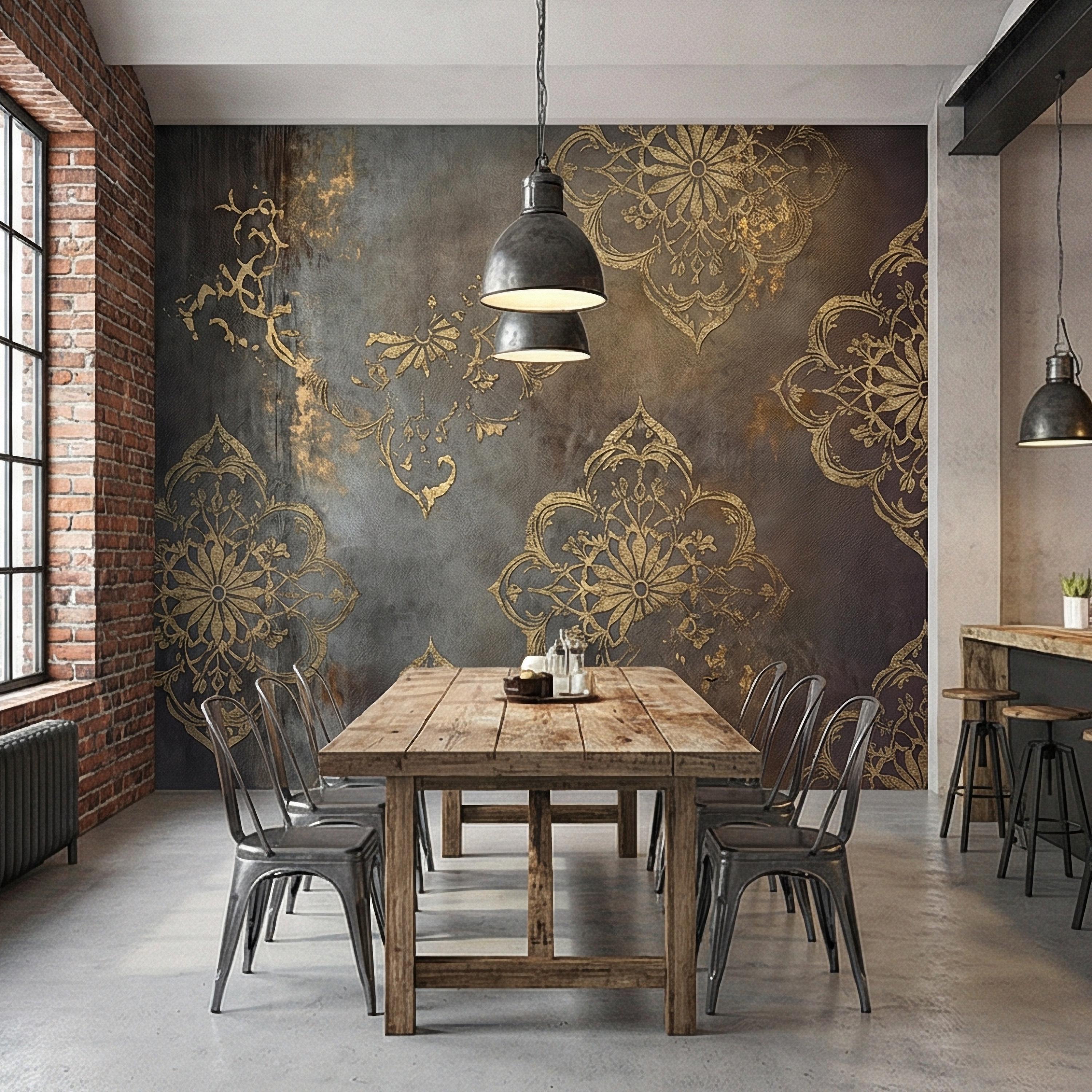 Moroccan Peel and Stick Wall Mural, Dark Vintage Medallion, Distressed Ornamental, Boho Gothic Wallpaper