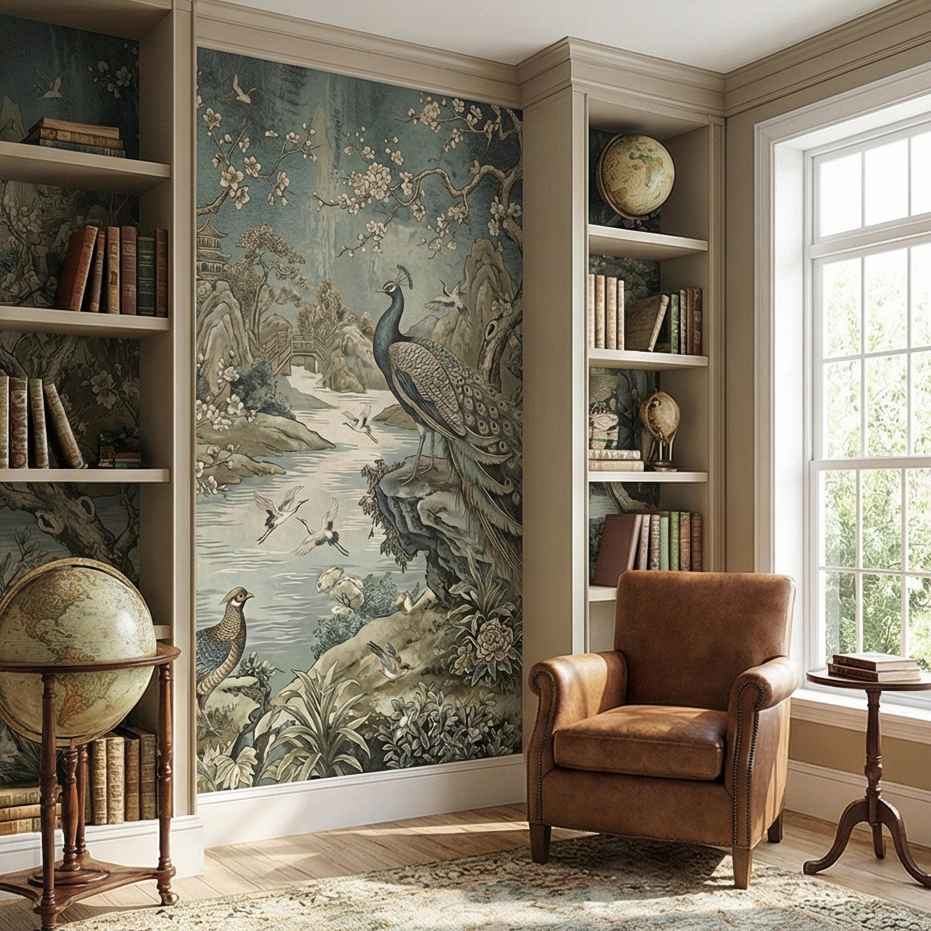 Chinoiserie Peacock Peel and Stick Wall Mural, Vintage Asian Landscape, Blossom Tree Pagoda Garden Wallpaper