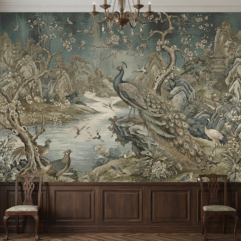 Chinoiserie Peacock Peel and Stick Wall Mural, Vintage Asian Landscape, Blossom Tree Pagoda Garden Wallpaper