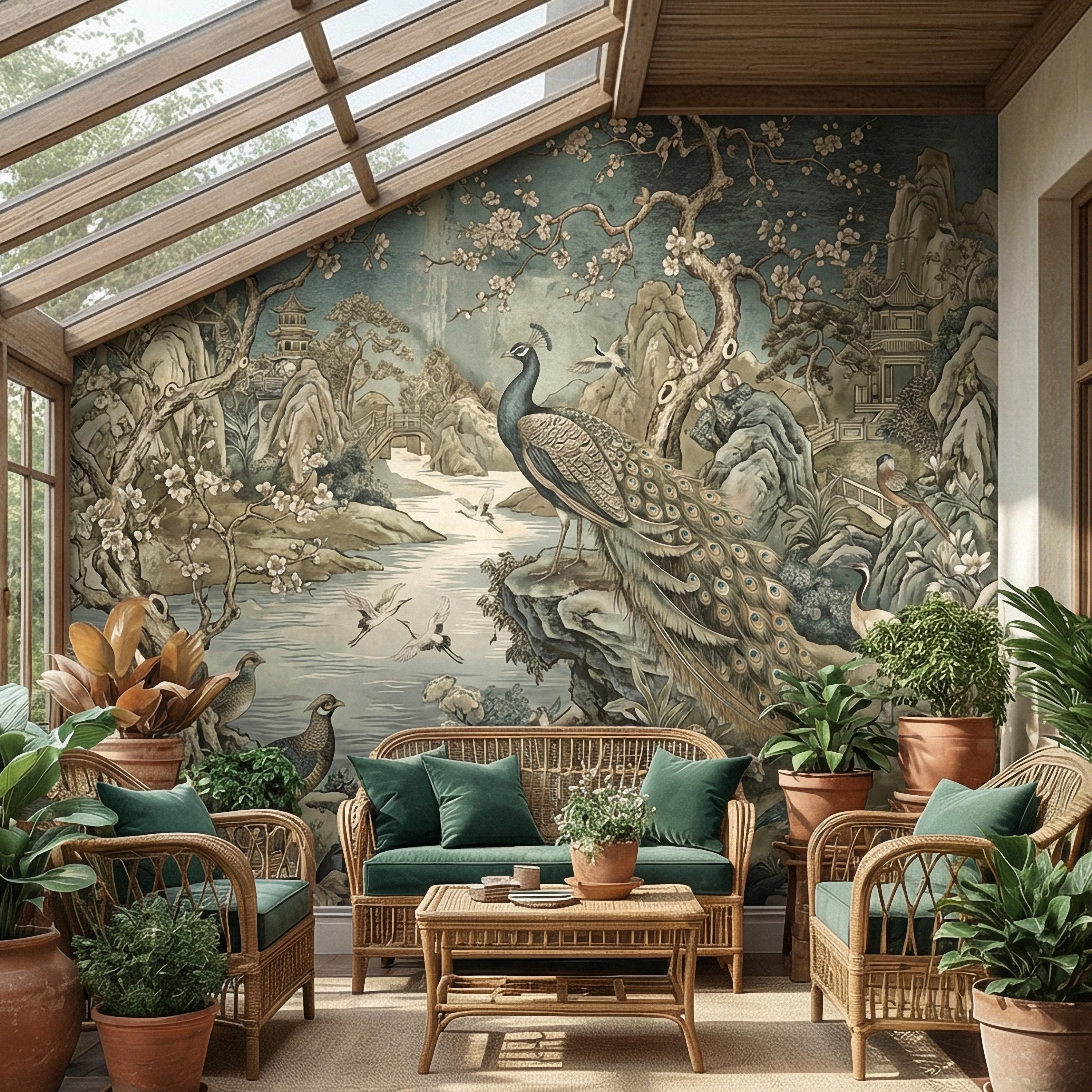 Chinoiserie Peacock Peel and Stick Wall Mural, Vintage Asian Landscape, Blossom Tree Pagoda Garden Wallpaper