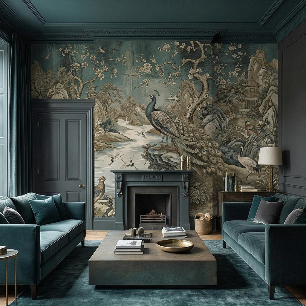 Chinoiserie Peacock Peel and Stick Wall Mural, Vintage Asian Landscape, Blossom Tree Pagoda Garden Wallpaper